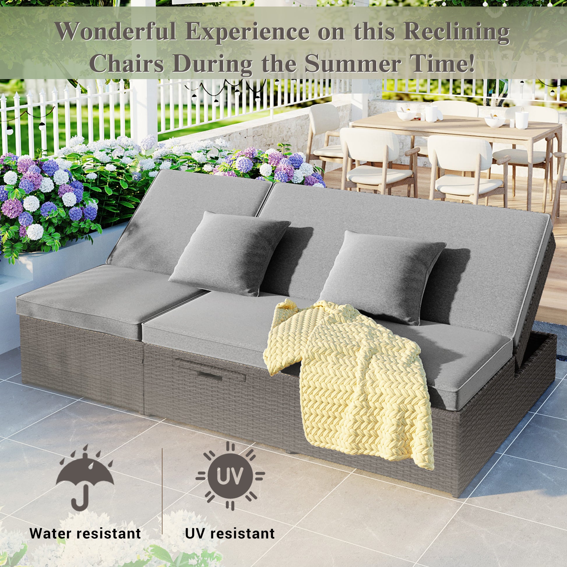 Outdoor Double Sunbed, Wicker Rattan Patio Reclining Chairs With Adjustable Backrest And Seat, Conversational Set For 2 Person, Gray Yes Complete Patio Set Gray Water Resistant Frame Water Resistant Cushion Garden & Outdoor Casual Sofa Seating Groups