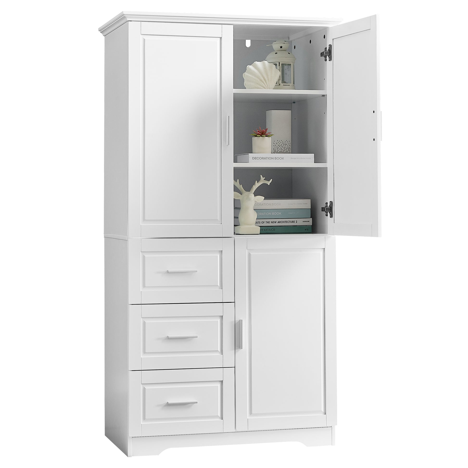 Tall and Wide Storage Cabinet with Doors for Bathroom white-mdf