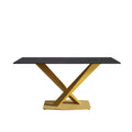 63 Inch Modern Artificial Stone Black Straight Edge Golden Metal X Leg Dining Table 6 People Gray Metal Sintered Stone