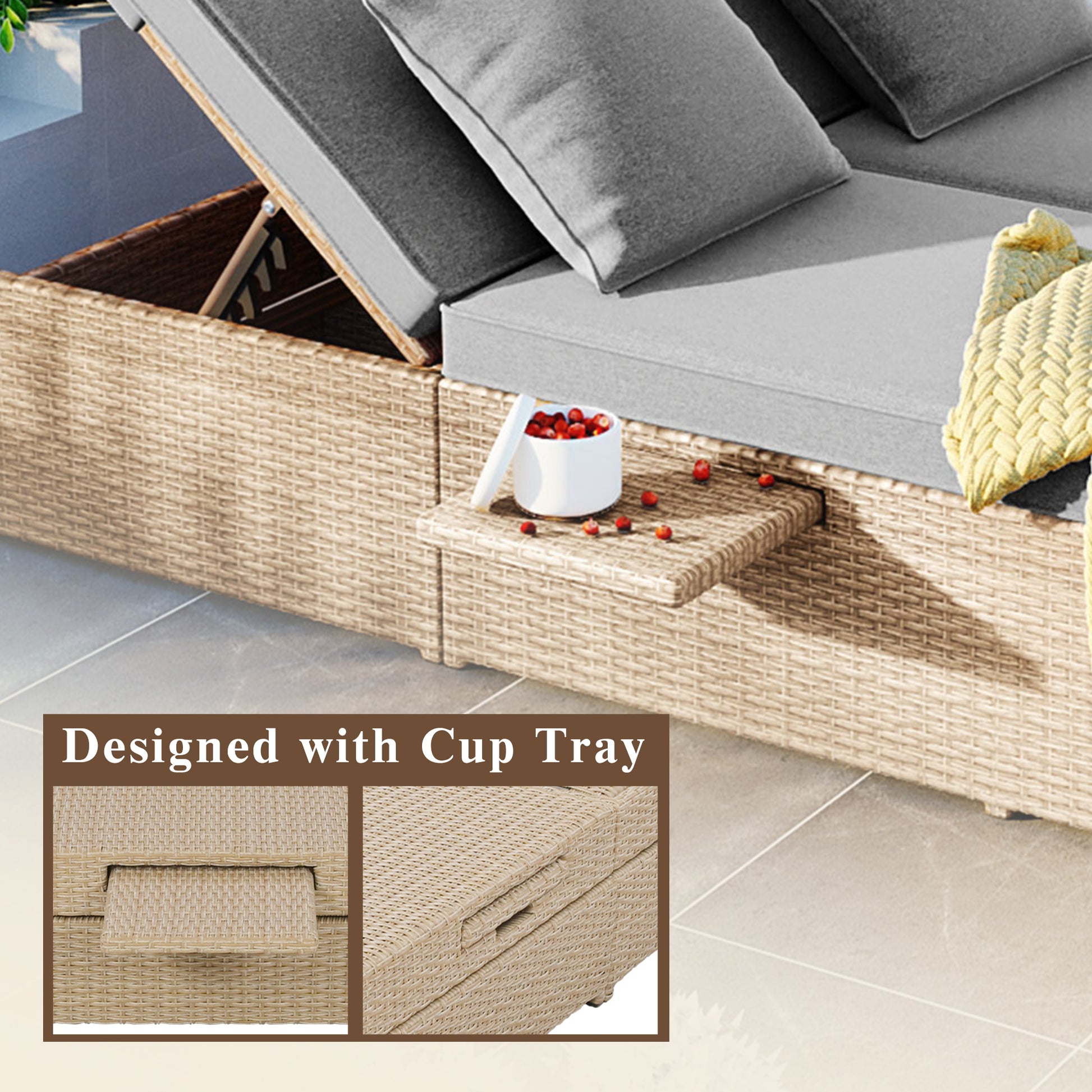 Outdoor Double Sunbed, Wicker Rattan Patio Reclining Chairs With Adjustable Backrest And Seat, Conversational Set For 2 Person, Brown Yes Complete Patio Set Brown Water Resistant Frame Water Resistant Cushion Garden & Outdoor Casual Complete Patio Sets