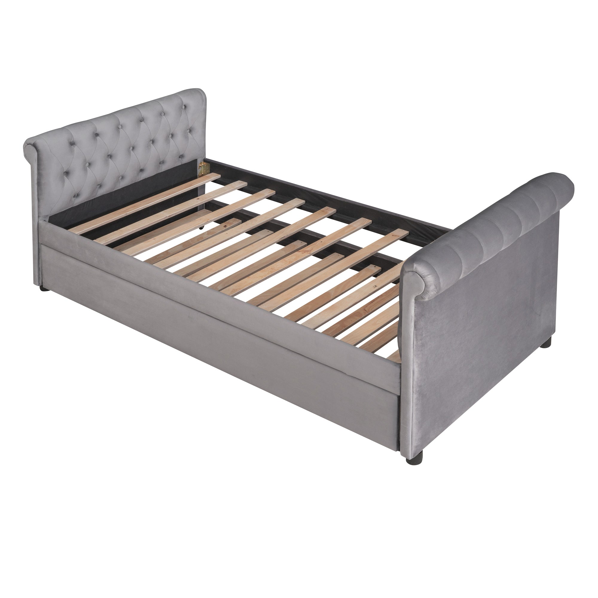 Twin Size Upholstered daybed with Trundle, Wood Slat gray-upholstered