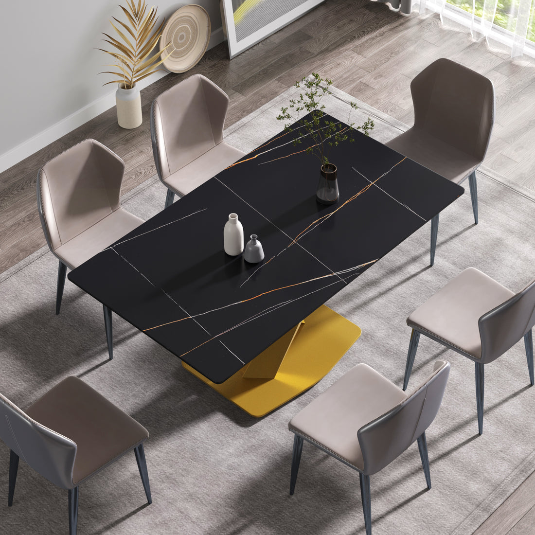 63 Inch Modern Artificial Stone Black Straight Edge Golden Metal X Leg Dining Table 6 People Gray Metal Sintered Stone