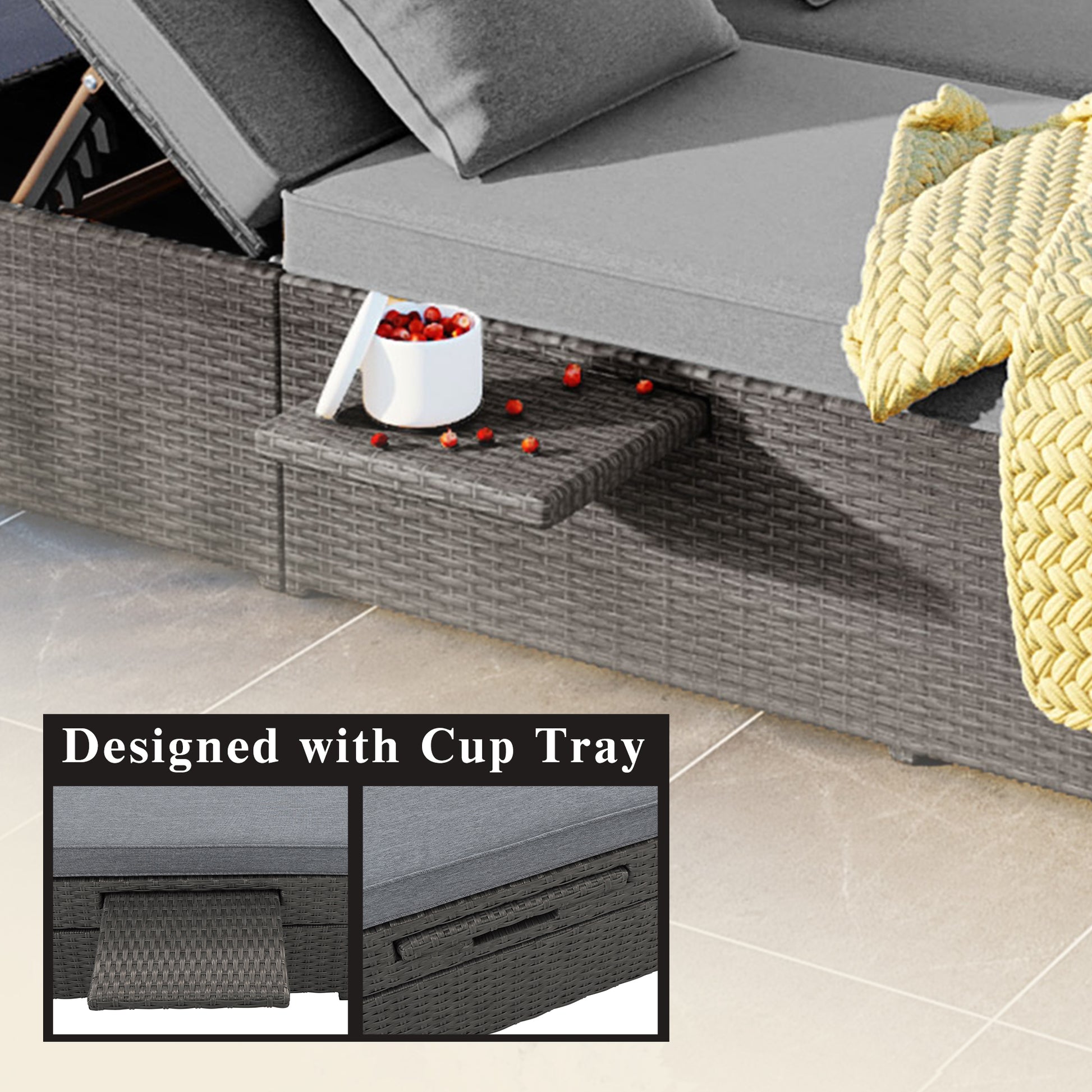 Outdoor Double Sunbed, Wicker Rattan Patio Reclining Chairs With Adjustable Backrest And Seat, Conversational Set For 2 Person, Gray Yes Complete Patio Set Gray Water Resistant Frame Water Resistant Cushion Garden & Outdoor Casual Sofa Seating Groups