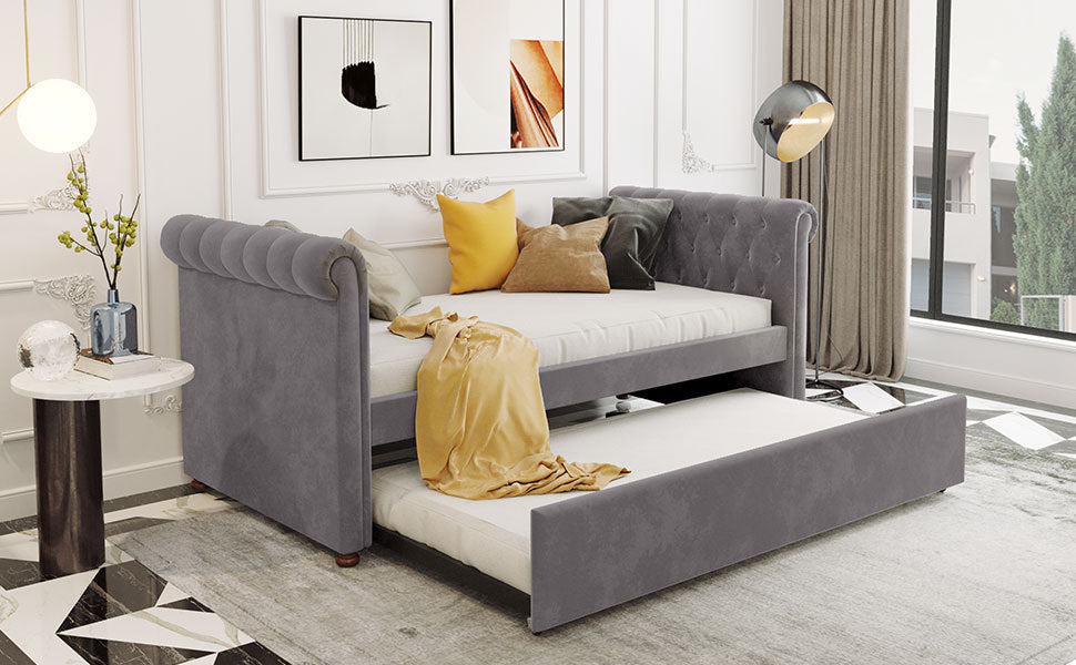 Twin Size Upholstered Daybed With Trundle, Wood Slat Support, Gray Old Sku :Lp000116Aae Gray Upholstered