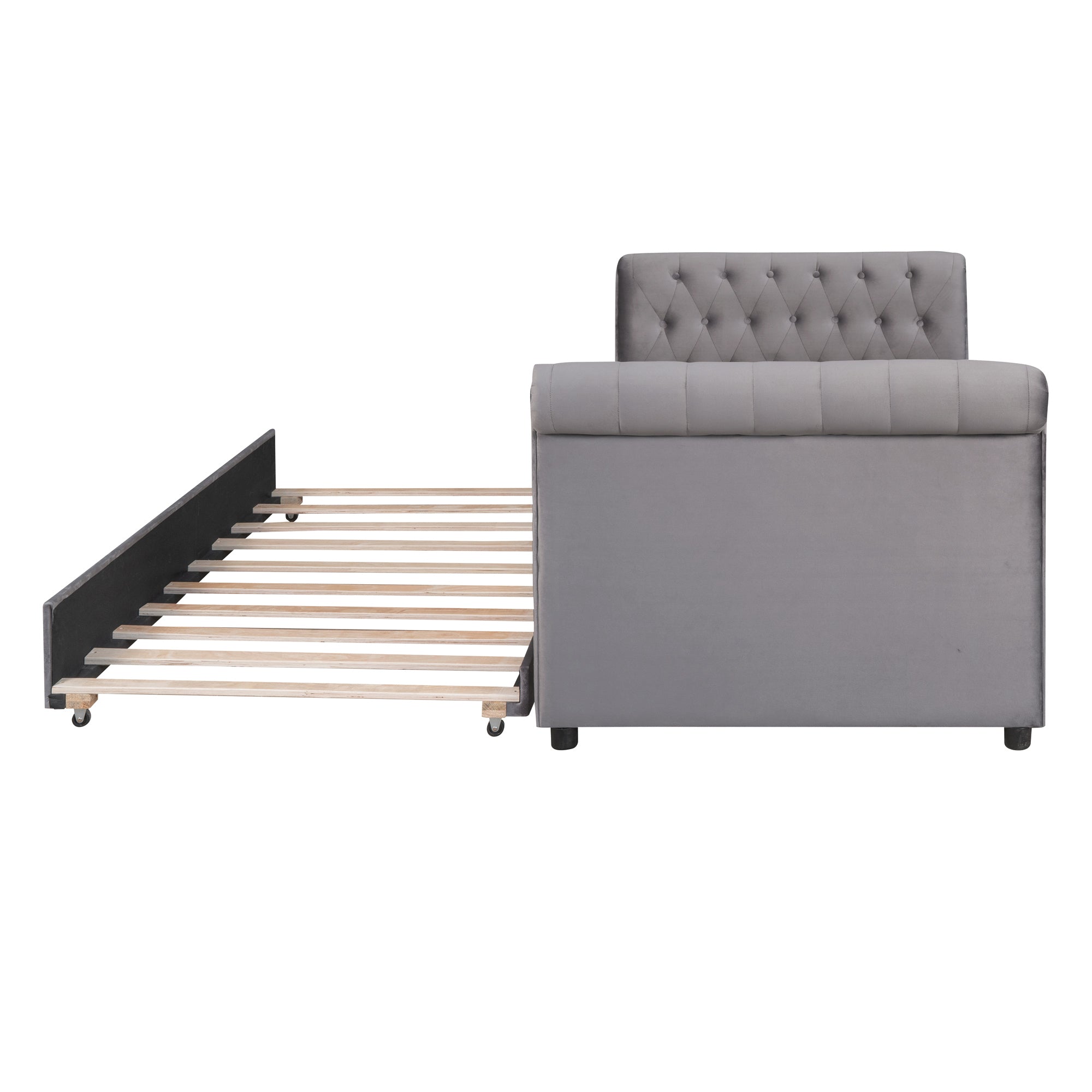 Twin Size Upholstered daybed with Trundle, Wood Slat gray-upholstered