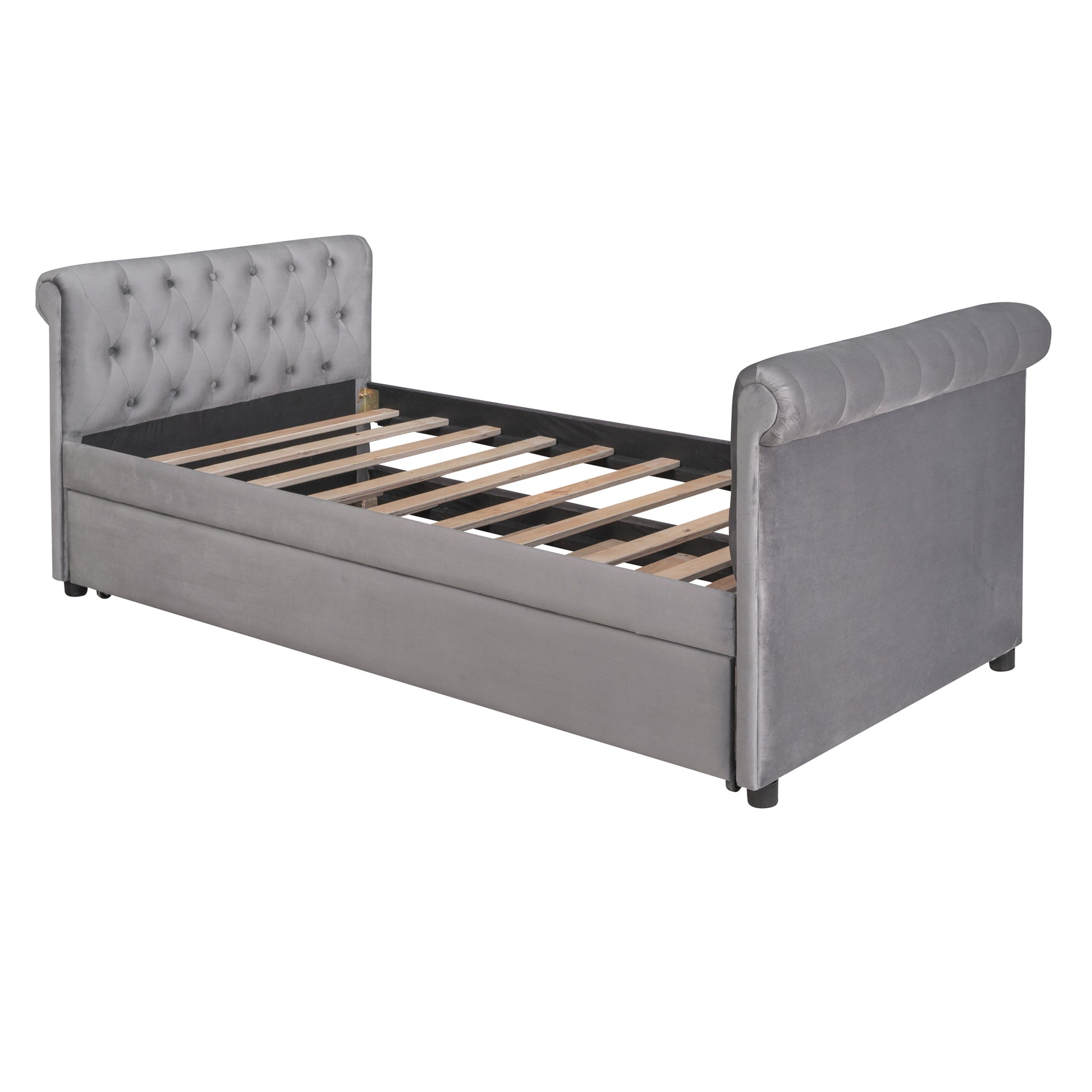 Twin Size Upholstered Daybed With Trundle, Wood Slat Support, Gray Old Sku :Lp000116Aae Gray Upholstered