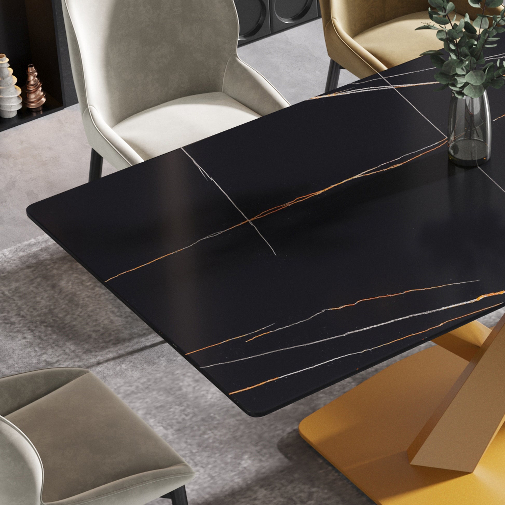 63 Inch Modern Artificial Stone Black Straight Edge Golden Metal X Leg Dining Table 6 People Gray Metal Sintered Stone