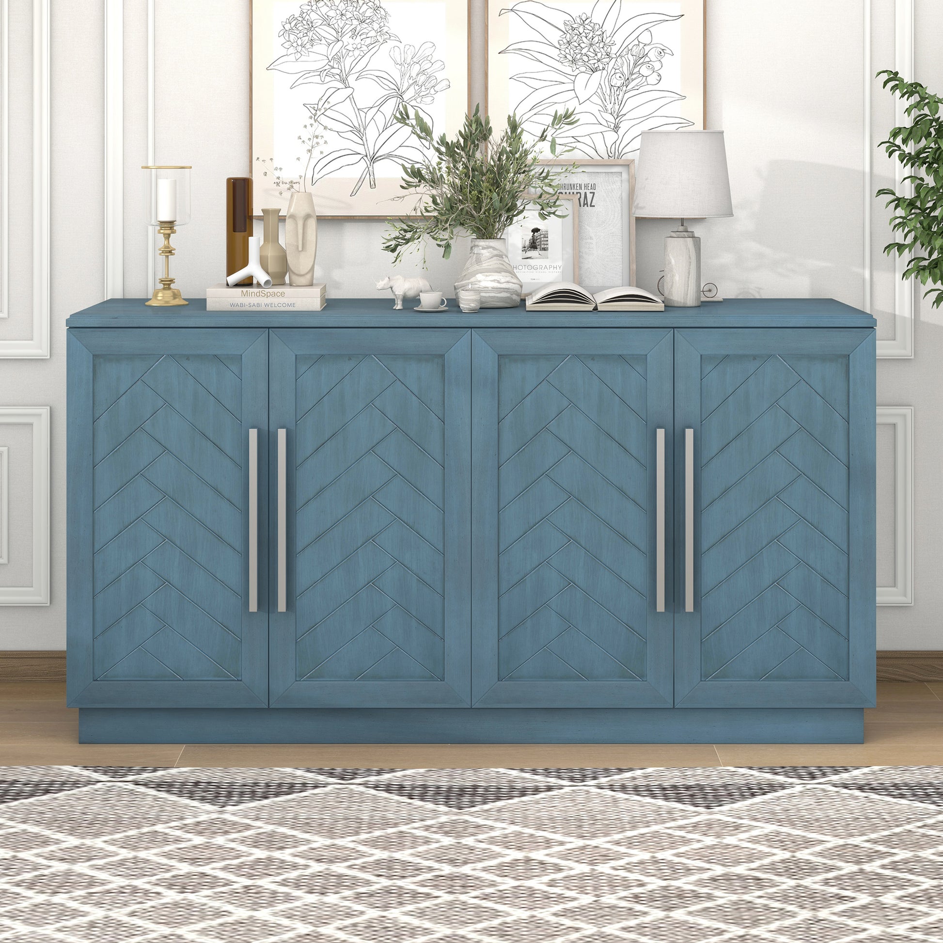 Sideboard With 4 Doors Large Storage Space Buffet Cabinet With Adjustable Shelves And Silver Handles For Kitchen, Dining Room, Living Room Antique Blue Antique Blue Solid Wood Mdf