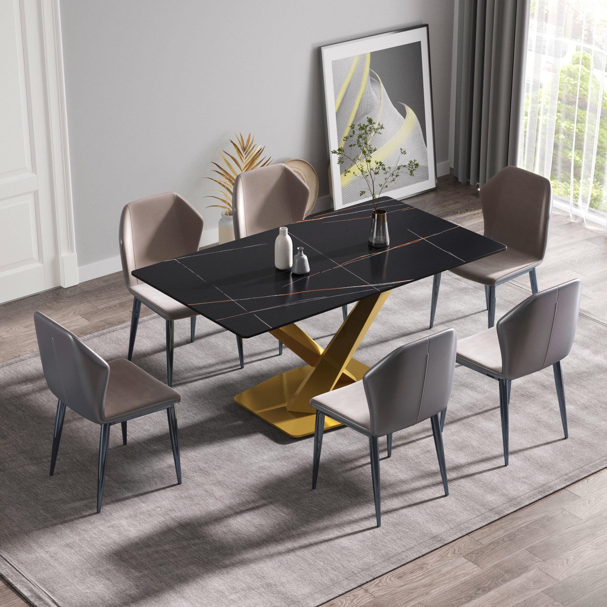 63 Inch Modern Artificial Stone Black Straight Edge Golden Metal X Leg Dining Table 6 People Gray Metal Sintered Stone