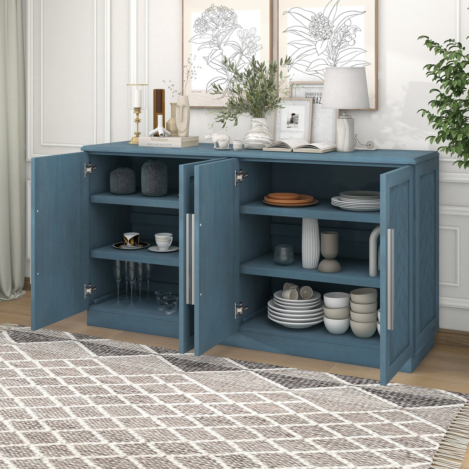 Sideboard With 4 Doors Large Storage Space Buffet Cabinet With Adjustable Shelves And Silver Handles For Kitchen, Dining Room, Living Room Antique Blue Antique Blue Solid Wood Mdf