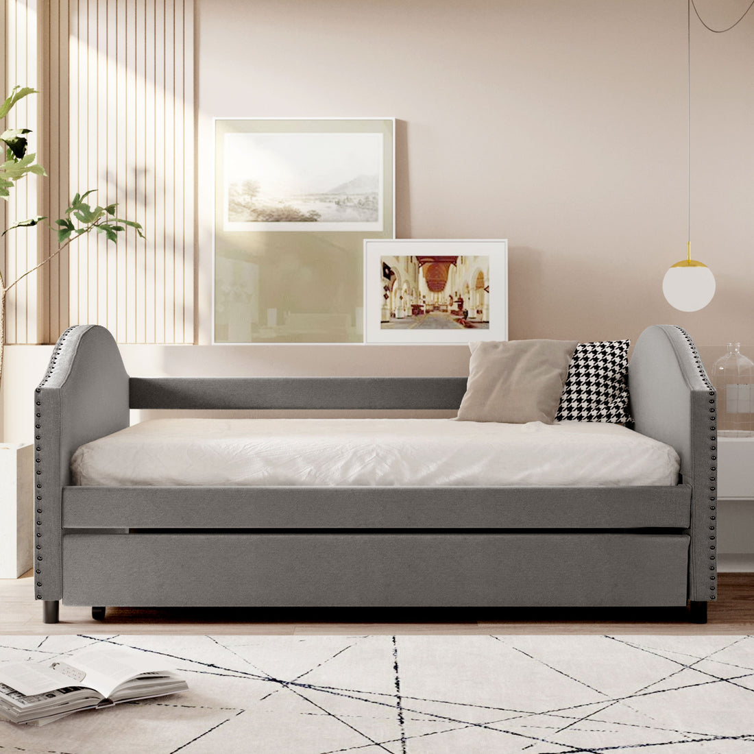 Full Size Upholstered Daybed With Twin Size Trundle, Wood Slat Support, Gray Old Sku :Lp000118Aae Gray Upholstered