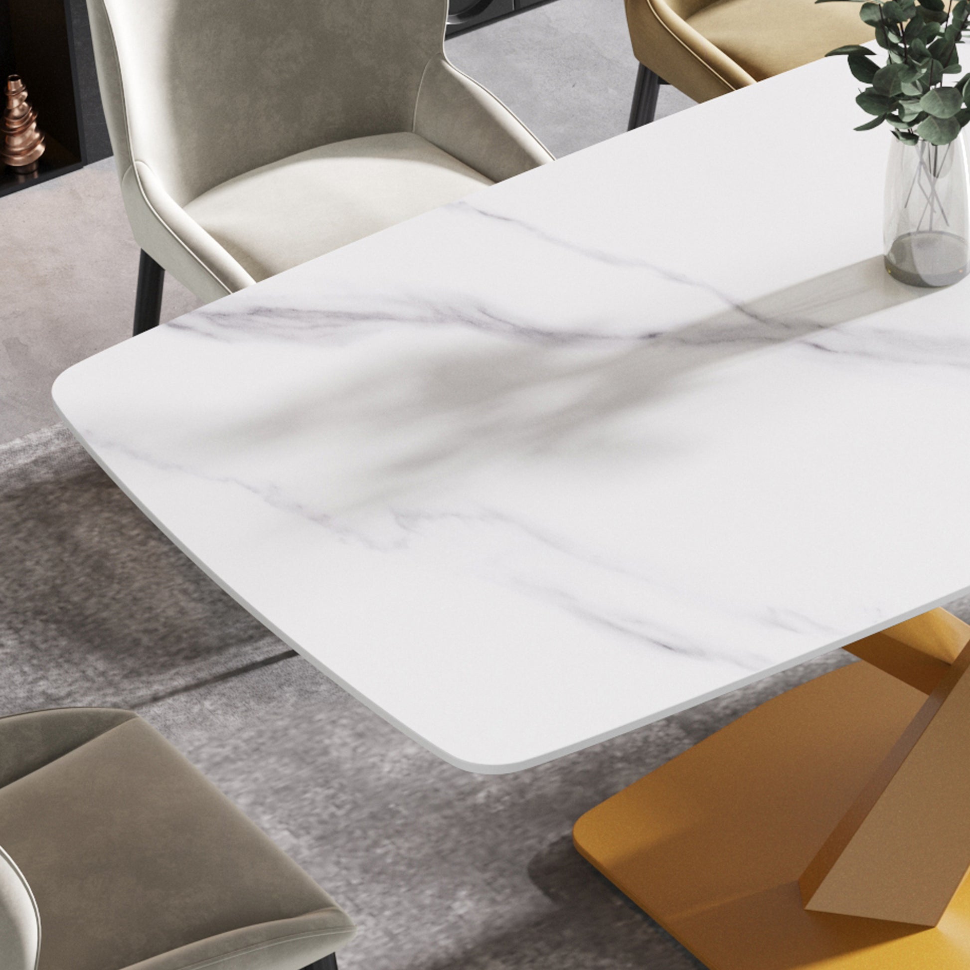 63"Modern Artificial Stone White Curved Golden Metal Leg Dining Table 6 People White Metal Sintered Stone