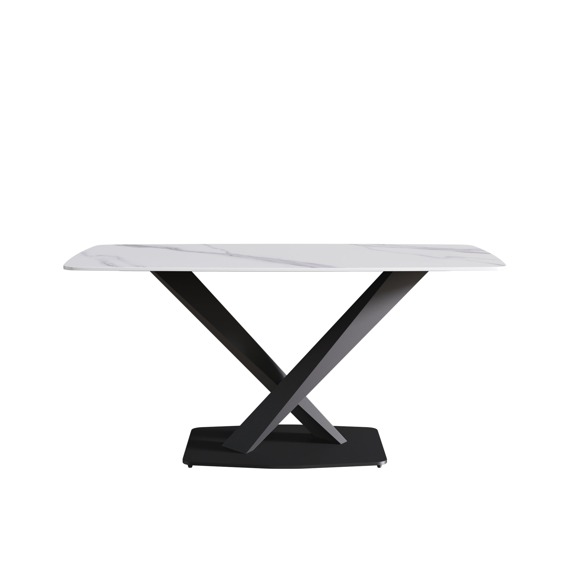 63"Modern Artificial Stone White Curved Black Metal Leg Dining Table 6 People White Metal Sintered Stone