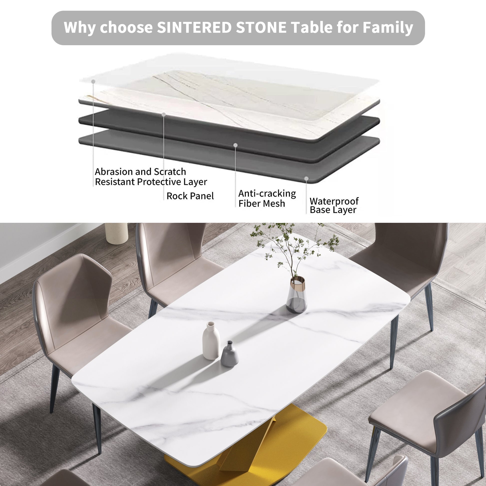 63"Modern Artificial Stone White Curved Golden Metal Leg Dining Table 6 People White Metal Sintered Stone