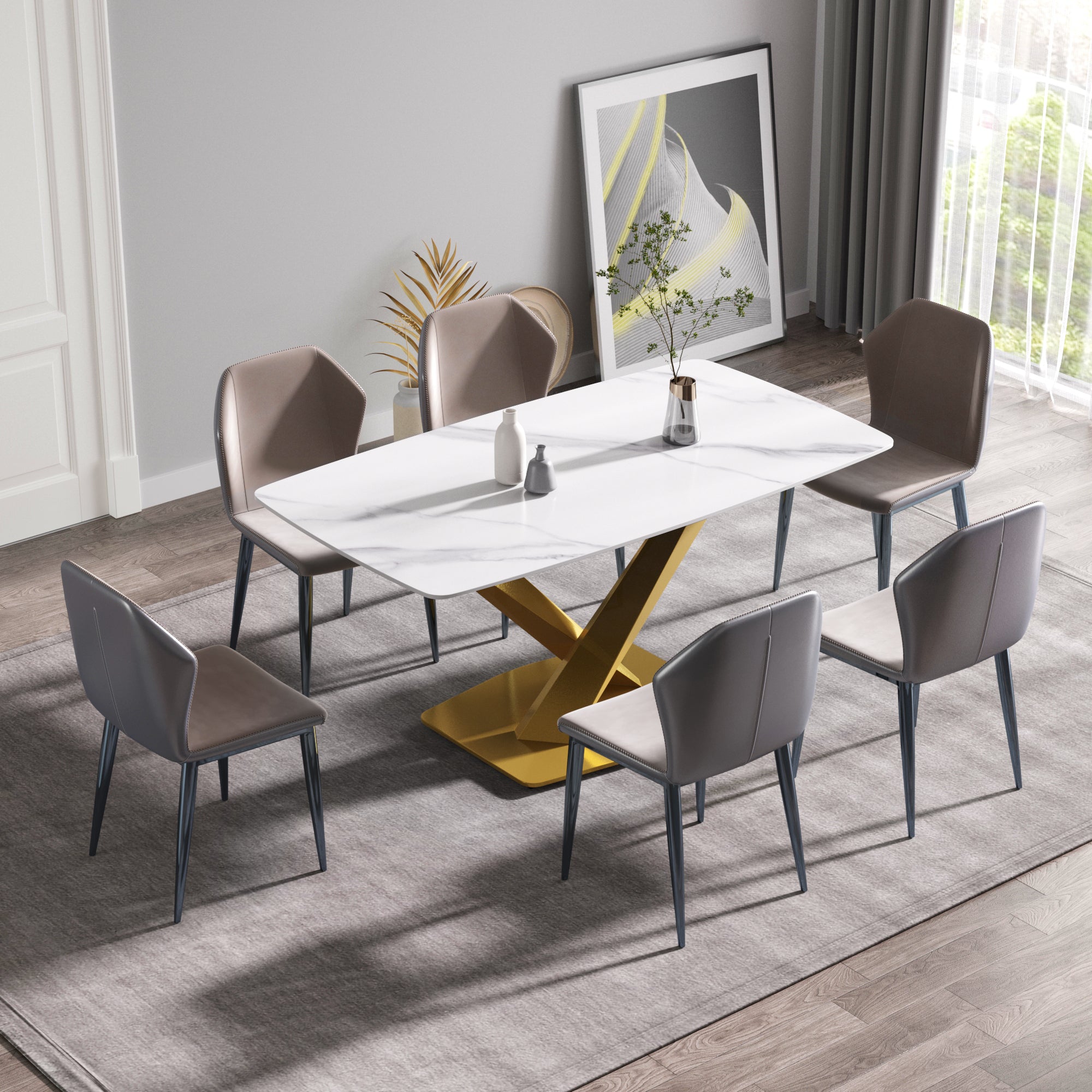 63"Modern Artificial Stone White Curved Golden Metal Leg Dining Table 6 People White Metal Sintered Stone