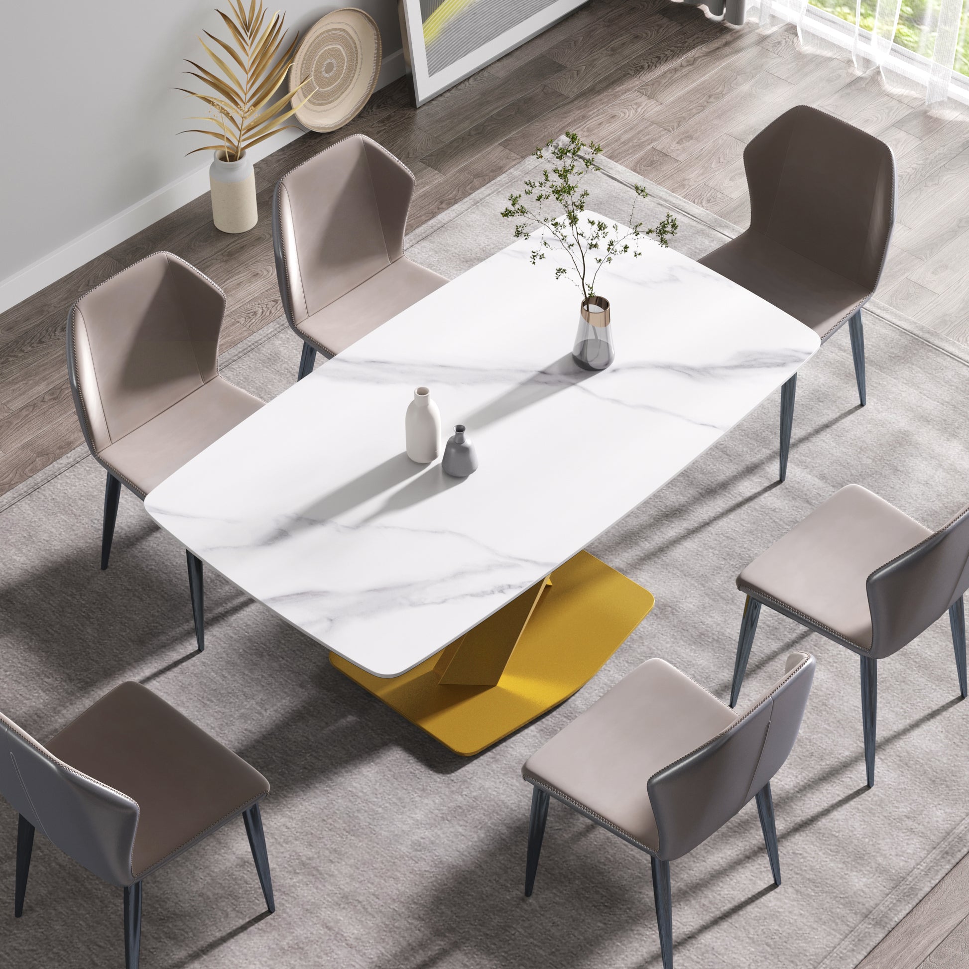 63"Modern Artificial Stone White Curved Golden Metal Leg Dining Table 6 People White Metal Sintered Stone