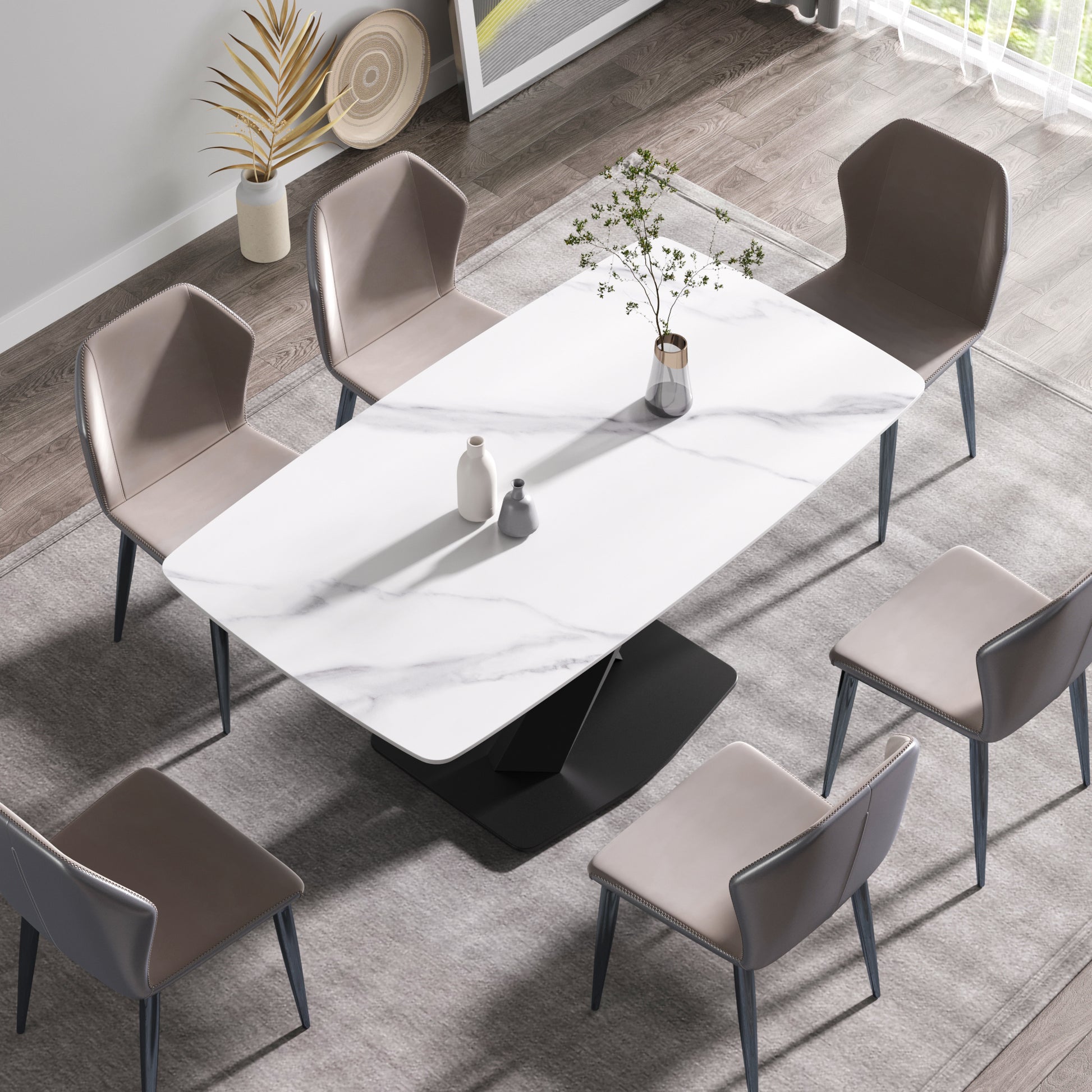 63"Modern Artificial Stone White Curved Black Metal Leg Dining Table 6 People White Metal Sintered Stone