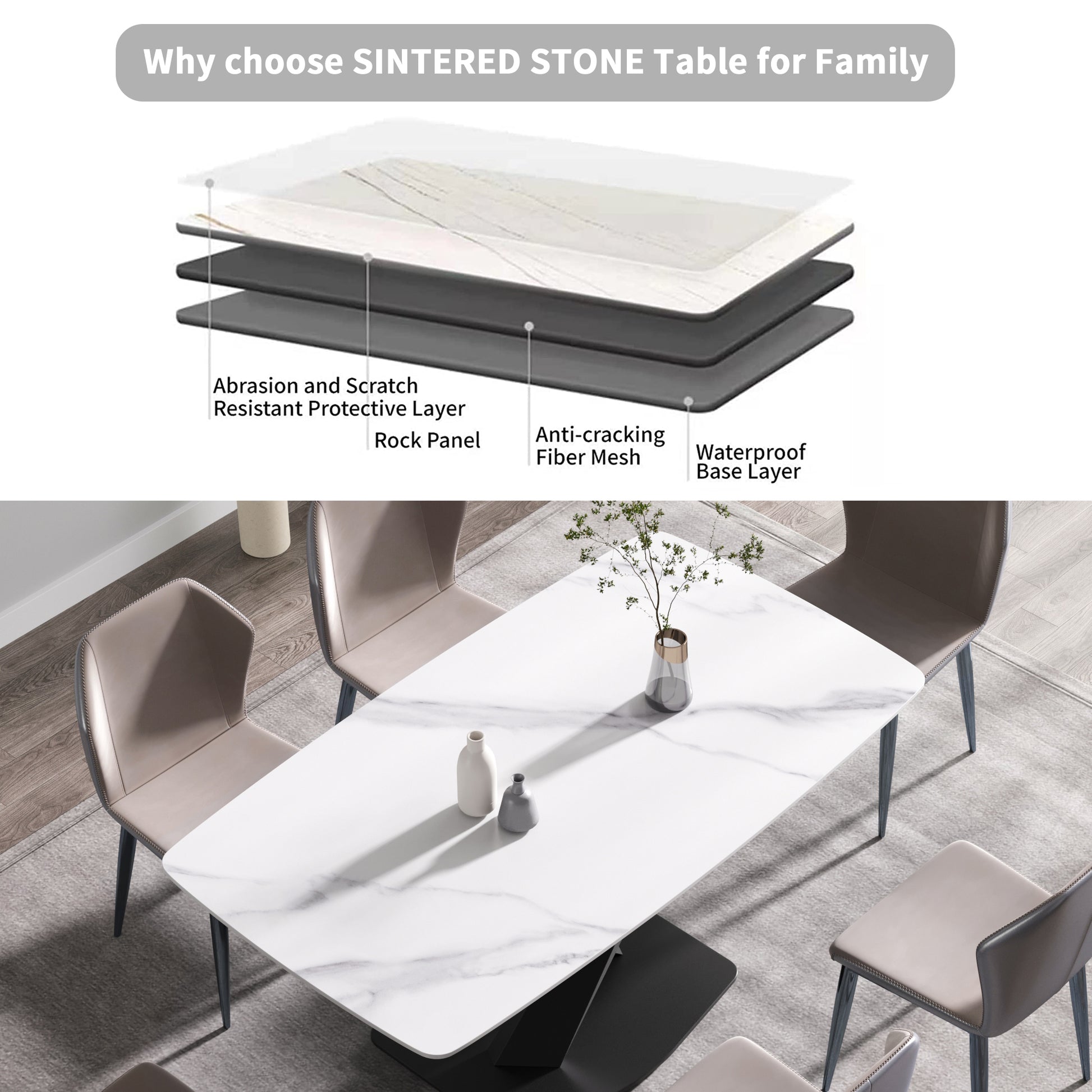 63"Modern Artificial Stone White Curved Black Metal Leg Dining Table 6 People White Metal Sintered Stone