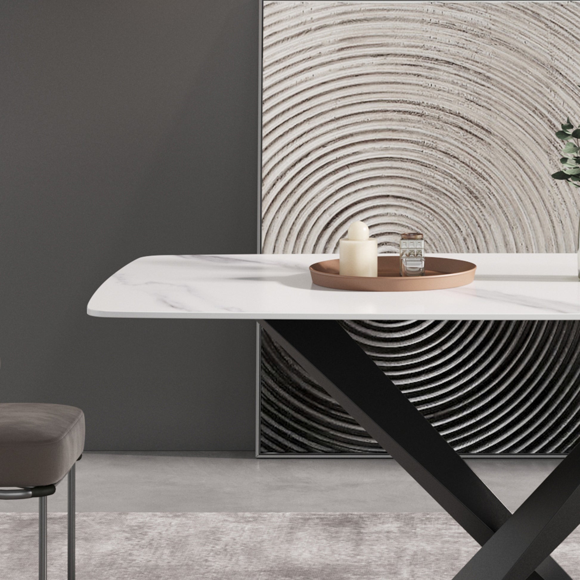 63"Modern Artificial Stone White Curved Black Metal Leg Dining Table 6 People White Metal Sintered Stone