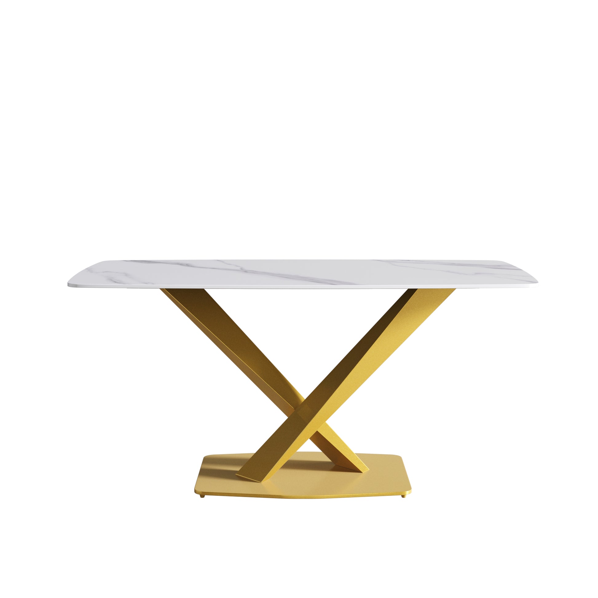 63"Modern Artificial Stone White Curved Golden Metal Leg Dining Table 6 People White Metal Sintered Stone