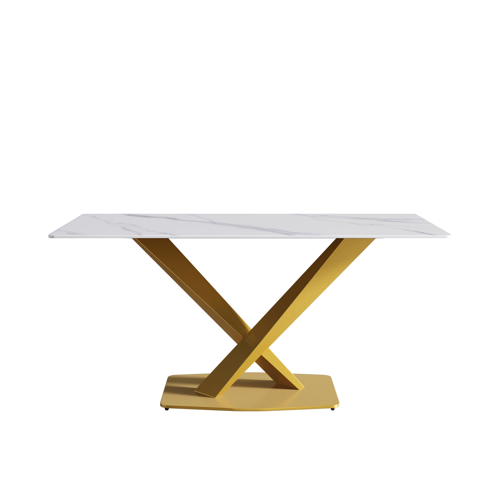 63 Inch Modern Artificial Stone White Straight Edge Golden Metal X Leg Dining Table 6 People Black Metal Sintered Stone