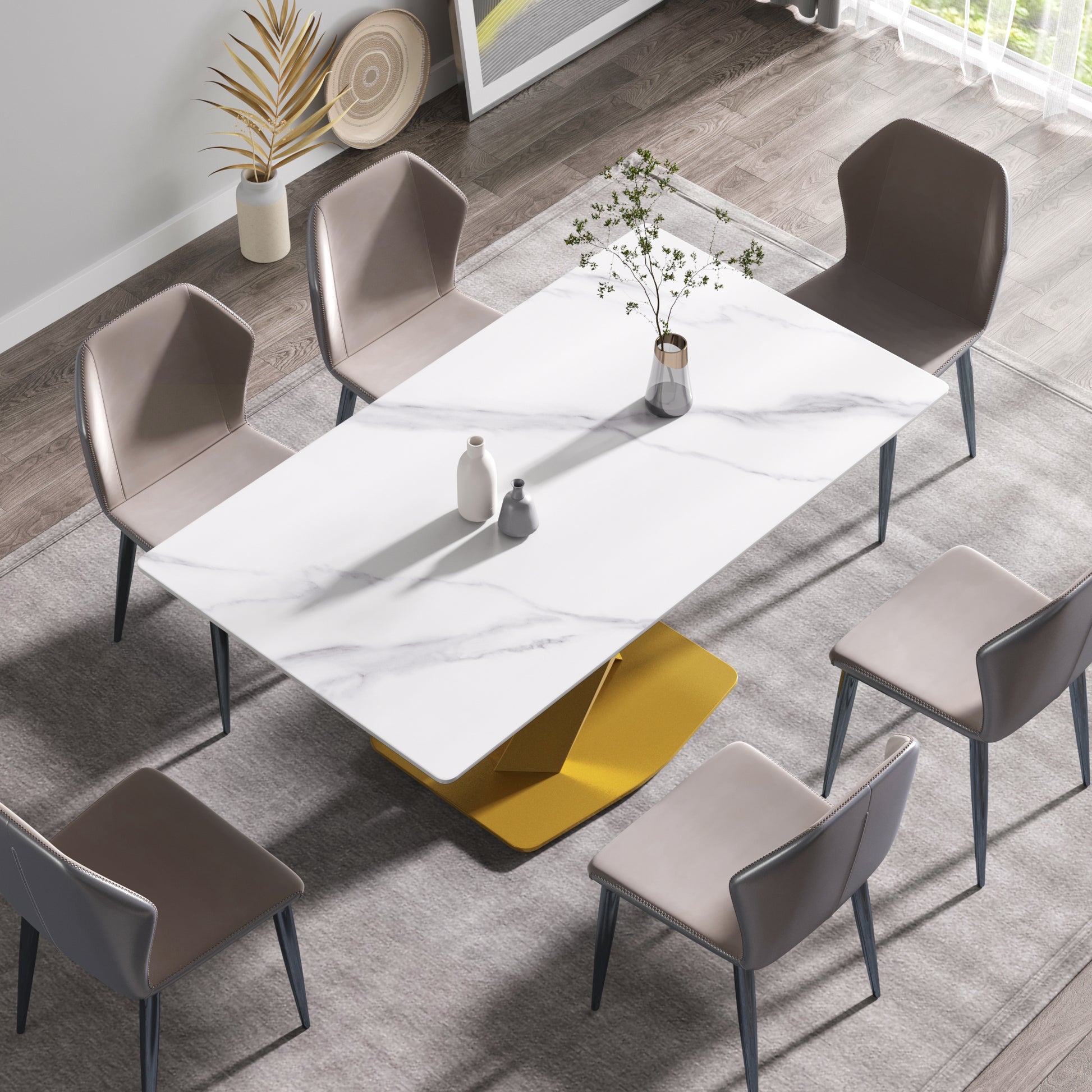 63 Inch Modern Artificial Stone White Straight Edge Golden Metal X Leg Dining Table 6 People Black Metal Sintered Stone