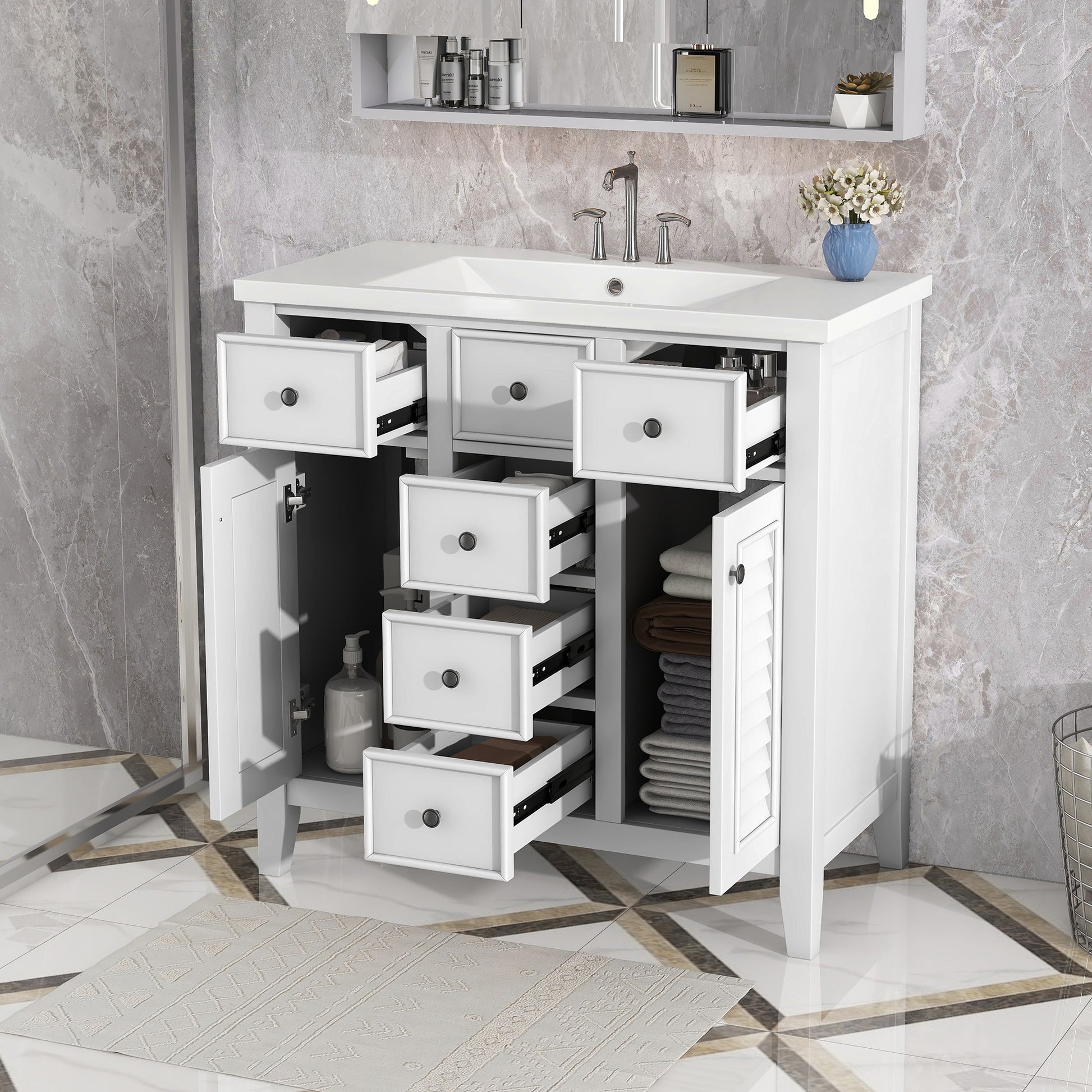 36" Bathroom Vanity With Ceramic Basin, Two Cabinets And Five Drawers, Solid Wood Frame, White Old Sku: Sy999202Aak White Solid Wood Mdf