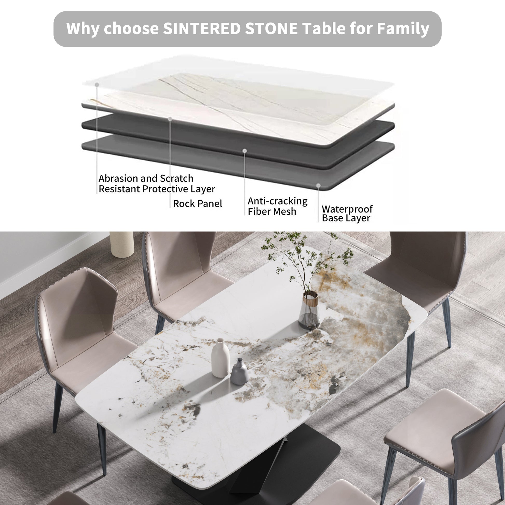 63"Modern Artificial Stone Pandora White Curved Black Metal Leg Dining Table 6 People Antique White Metal Sintered Stone