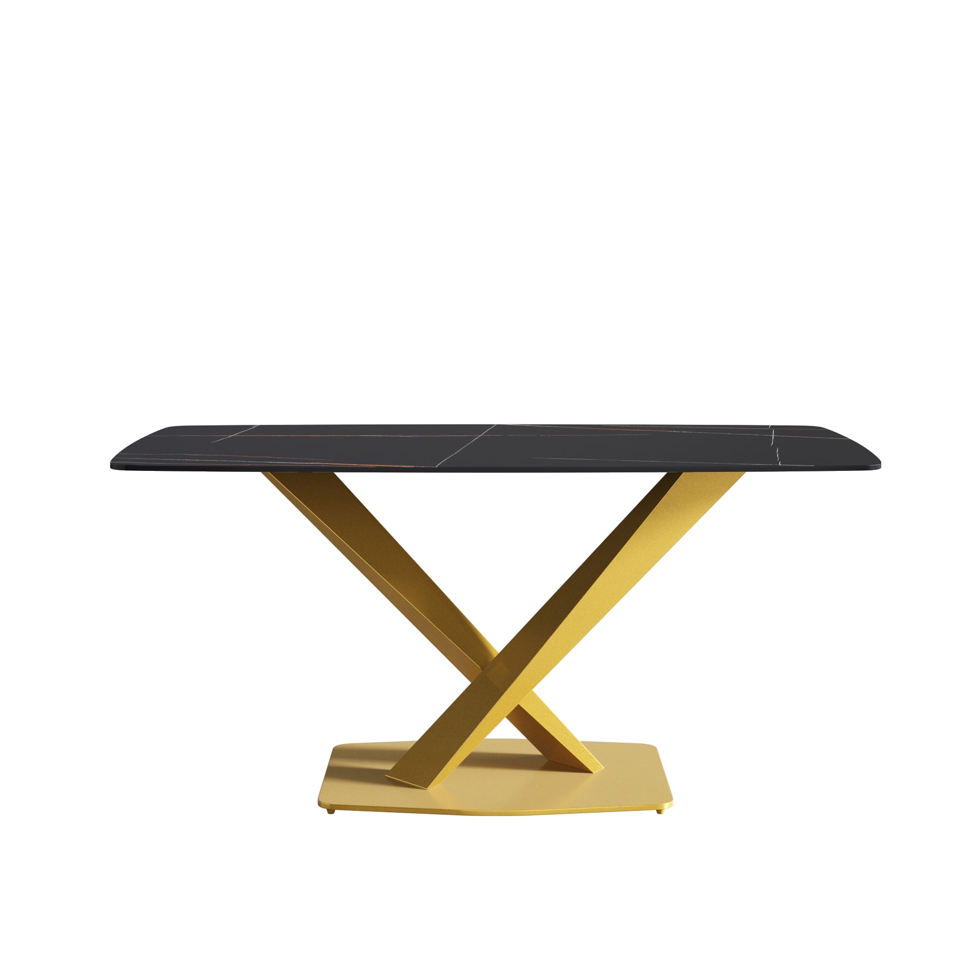 63"Modern Artificial Stone Black Curved Golden Metal Leg Dining Table 6 People Black Metal Sintered Stone