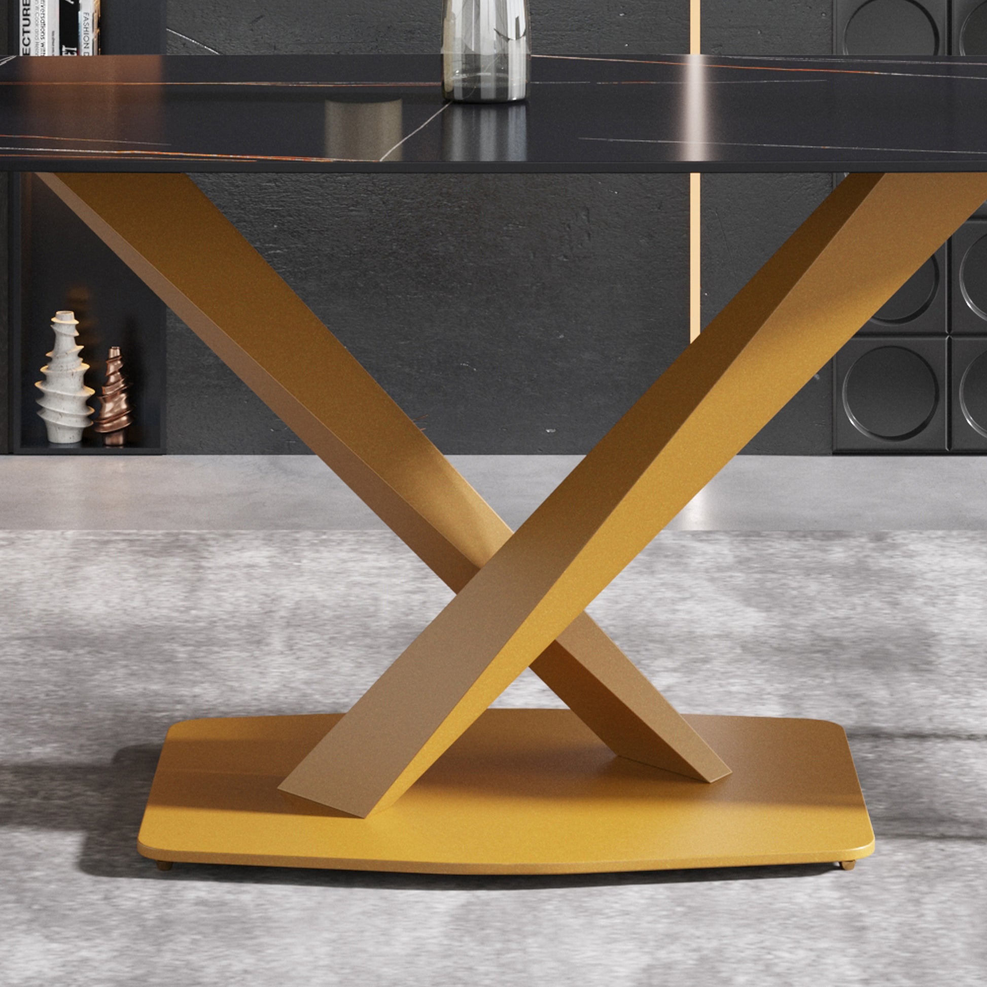 63"Modern Artificial Stone Black Curved Golden Metal Leg Dining Table 6 People Black Metal Sintered Stone