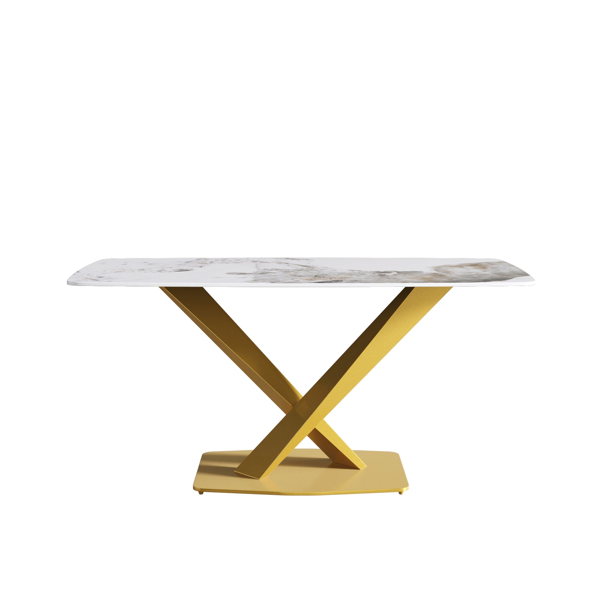 63"Modern Artificial Stone Pandora White Curved Golden Metal Leg Dining Table 6 People Antique White Metal Sintered Stone