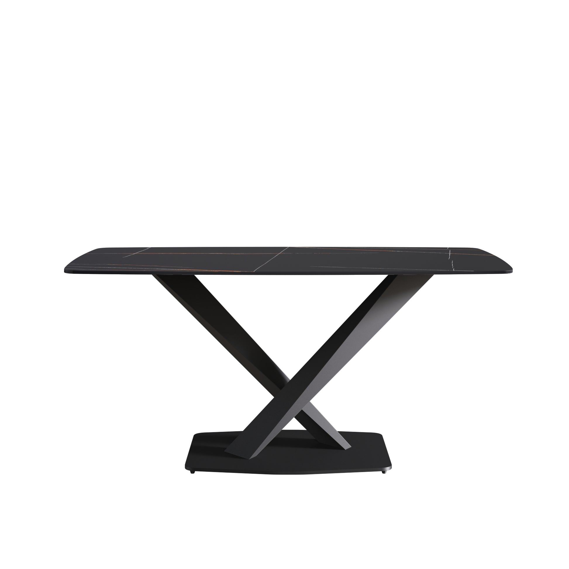 63"Modern Artificial Stone Black Curved Black Metal Leg Dining Table 6 People Black Metal Sintered Stone