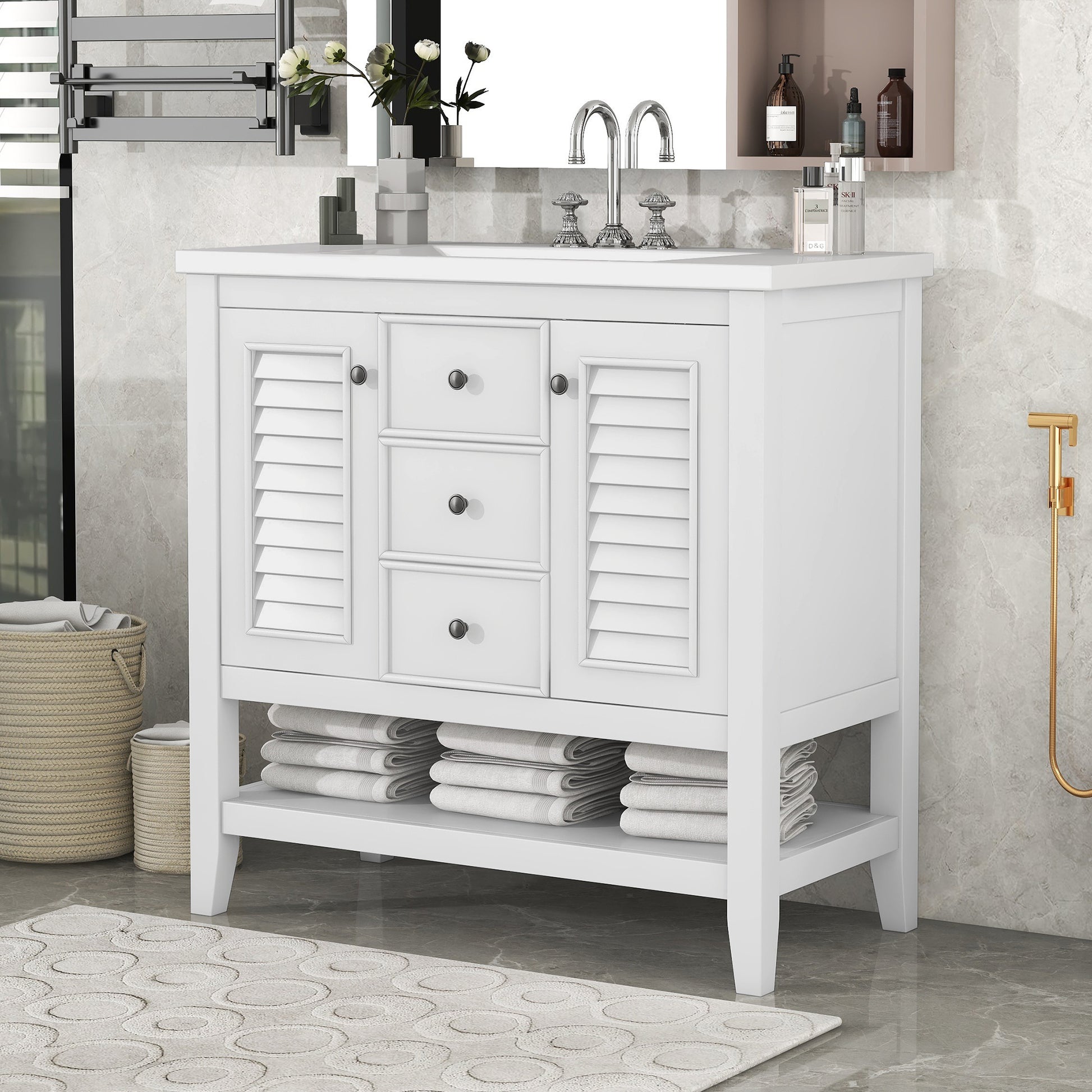 36" Bathroom Vanity With Ceramic Basin, Two Cabinets And Drawers, Open Shelf, Solid Wood Frame, White Old Sku: Sy999101Aak White Solid Wood Mdf