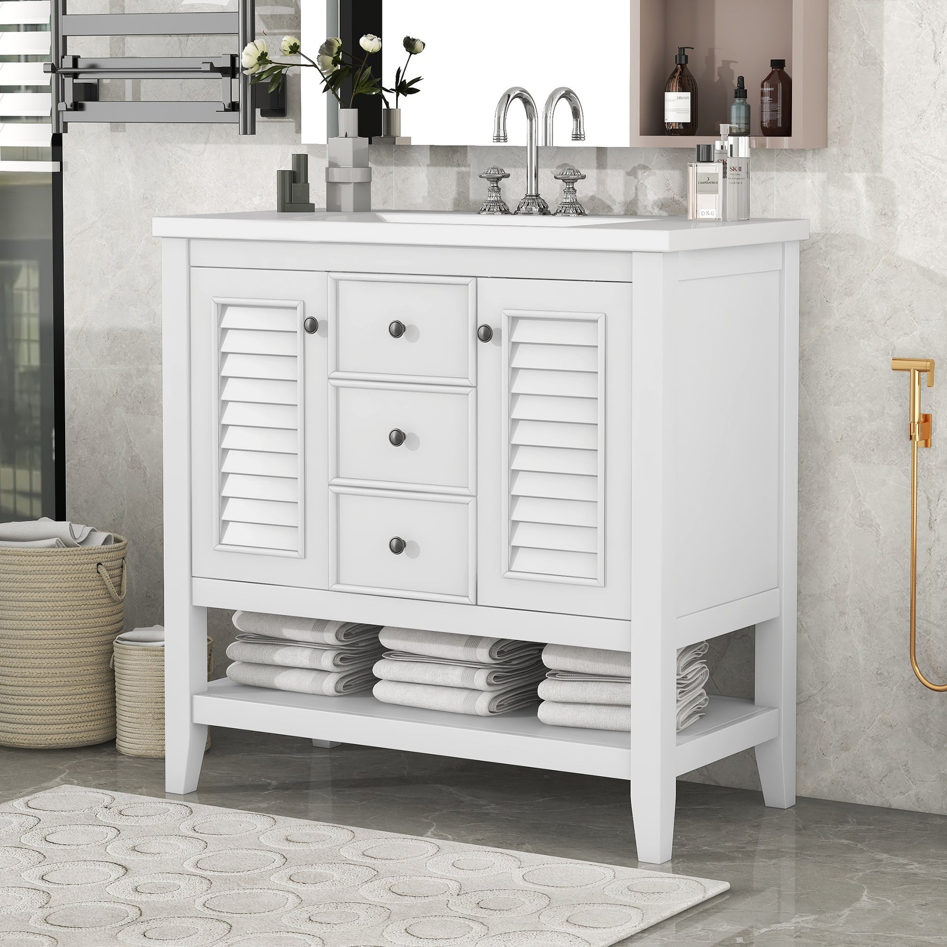 36" Bathroom Vanity With Ceramic Basin, Two Cabinets And Drawers, Open Shelf, Solid Wood Frame, White Old Sku: Sy999101Aak 1 White Solid Wood Mdf