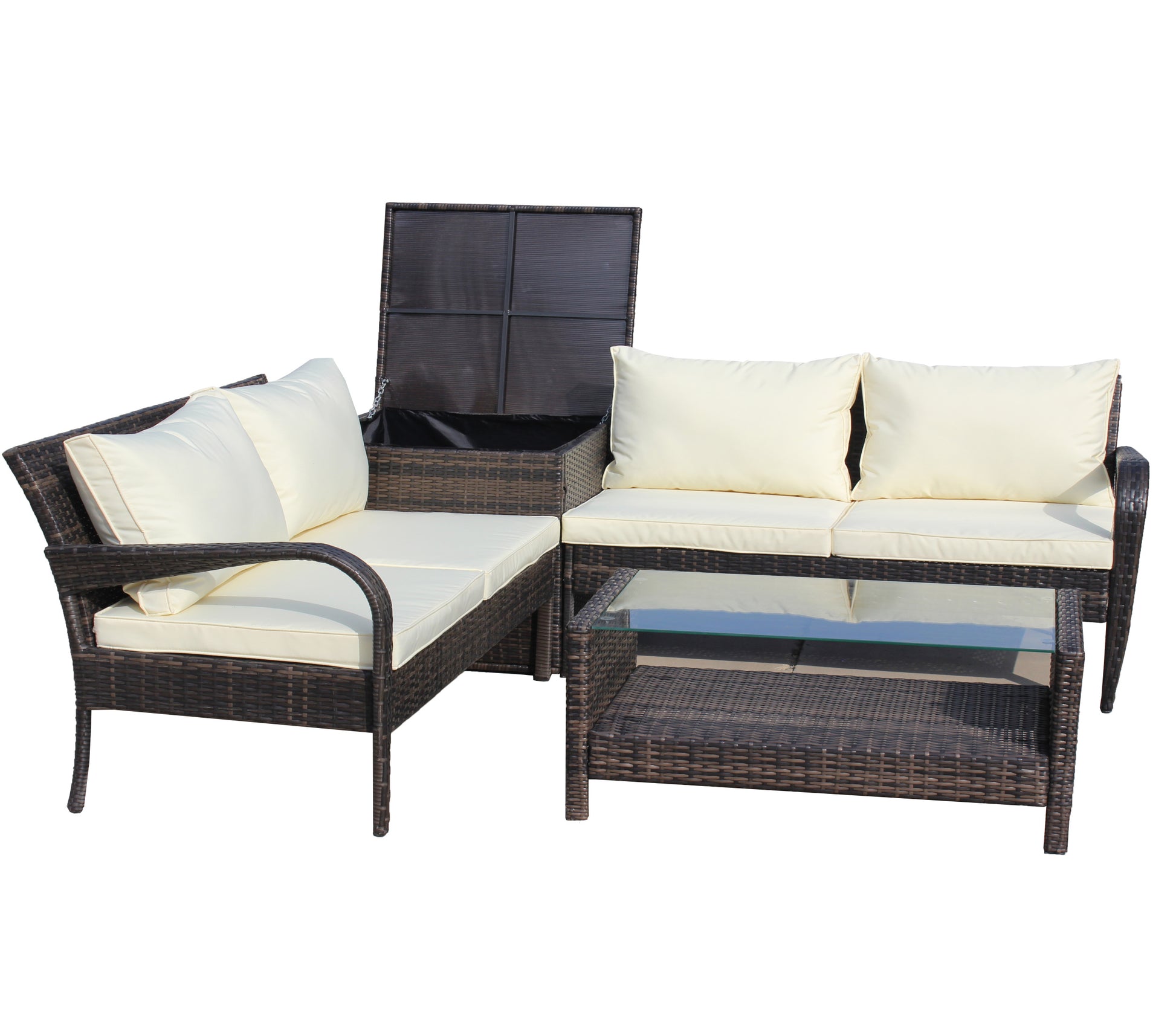 4 Piece Patio Sectional Wicker Rattan Outdoor Furniture Sofa Set With Storage Box Brown Brown Iron