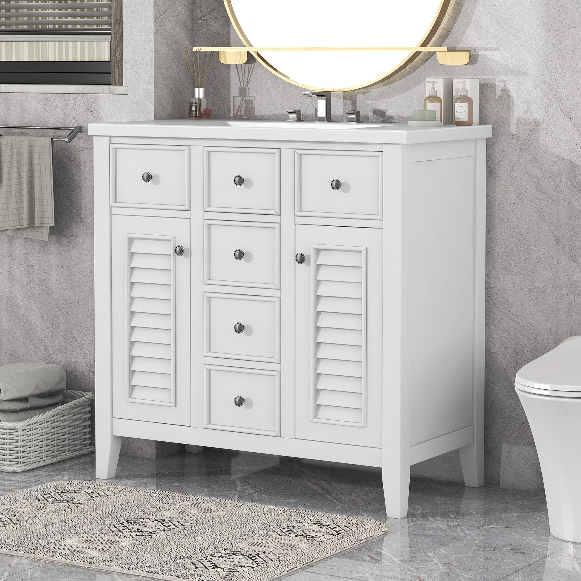 36" Bathroom Vanity With Ceramic Basin, Two Cabinets And Five Drawers, Solid Wood Frame, White Old Sku: Sy999202Aak White Solid Wood Mdf