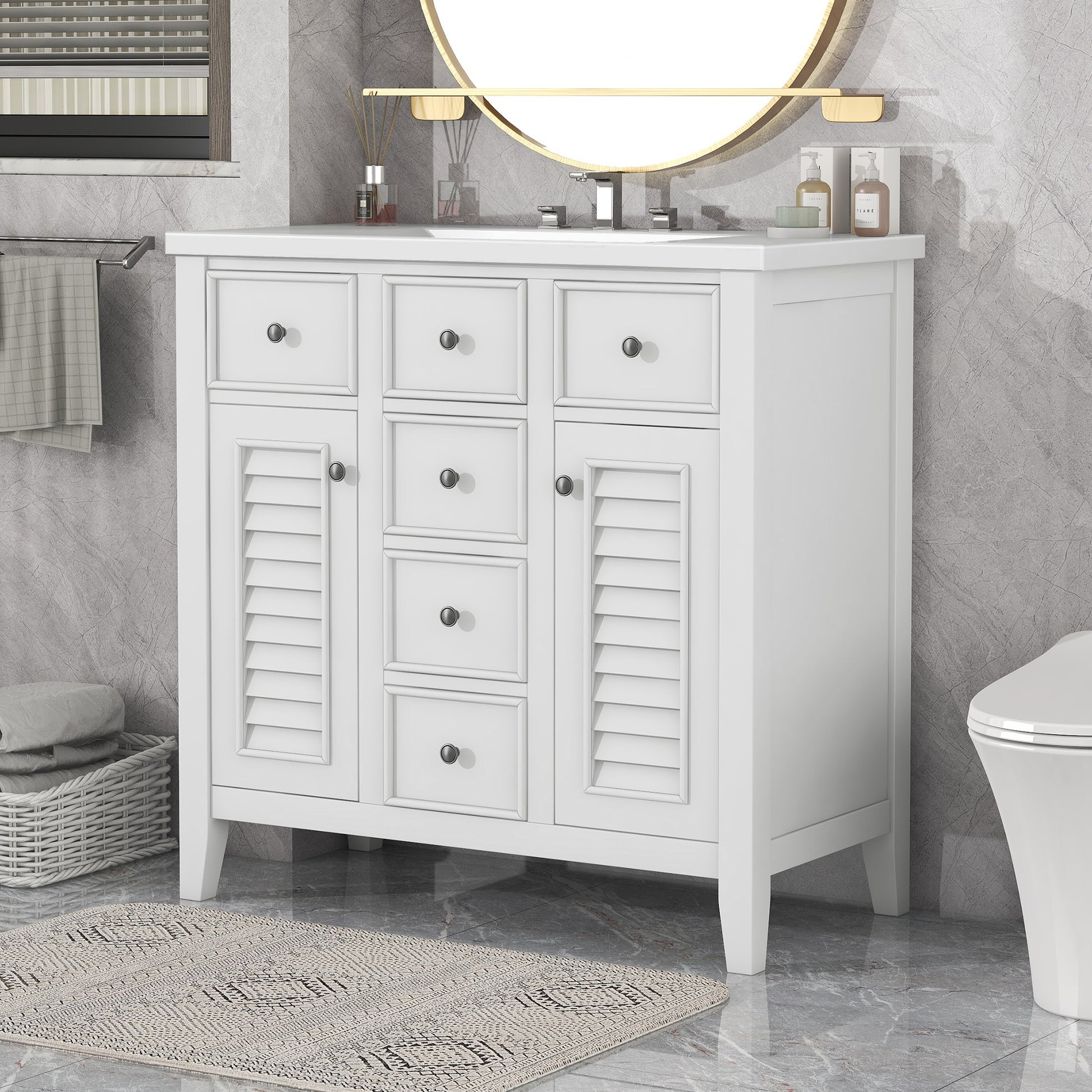 36" Bathroom Vanity With Ceramic Basin, Two Cabinets And Five Drawers, Solid Wood Frame, White Old Sku: Sy999202Aak 1 White Solid Wood Mdf