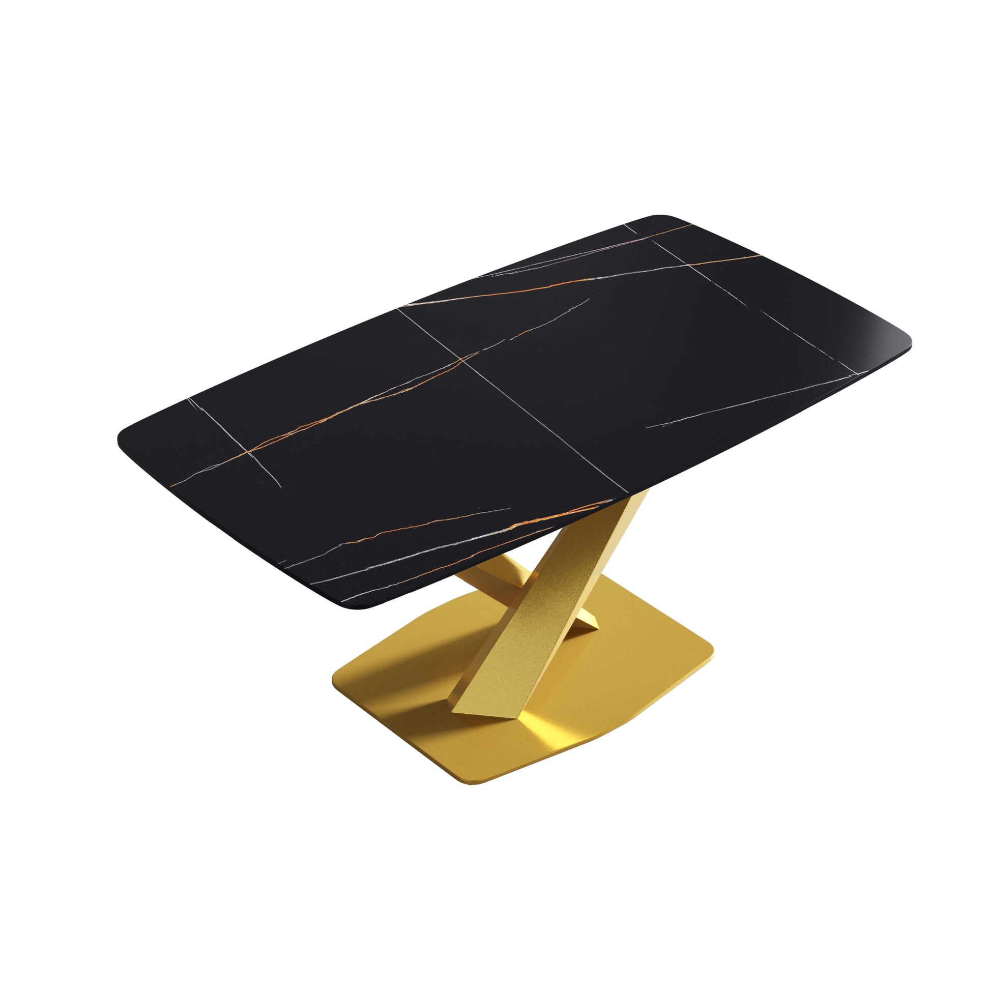 63"Modern Artificial Stone Black Curved Golden Metal Leg Dining Table 6 People Black Metal Sintered Stone