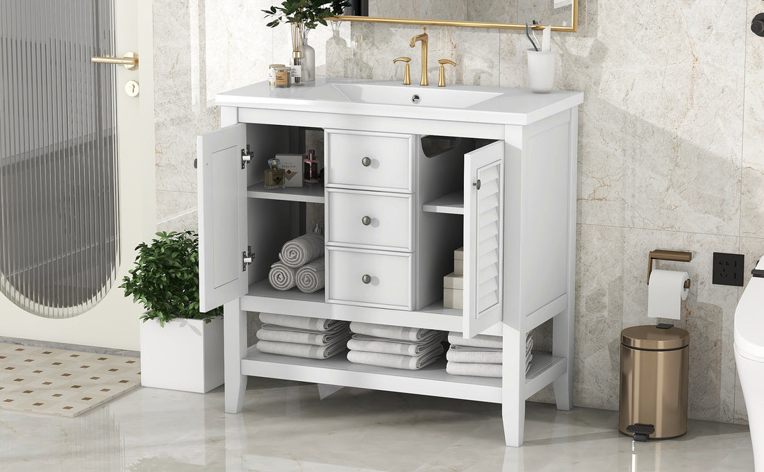 36" Bathroom Vanity With Ceramic Basin, Two Cabinets And Drawers, Open Shelf, Solid Wood Frame, White Old Sku: Sy999101Aak White Solid Wood Mdf