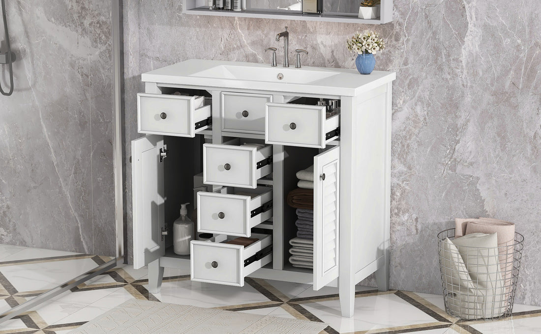 36" Bathroom Vanity With Ceramic Basin, Two Cabinets And Five Drawers, Solid Wood Frame, White Old Sku: Sy999202Aak 1 White Solid Wood Mdf