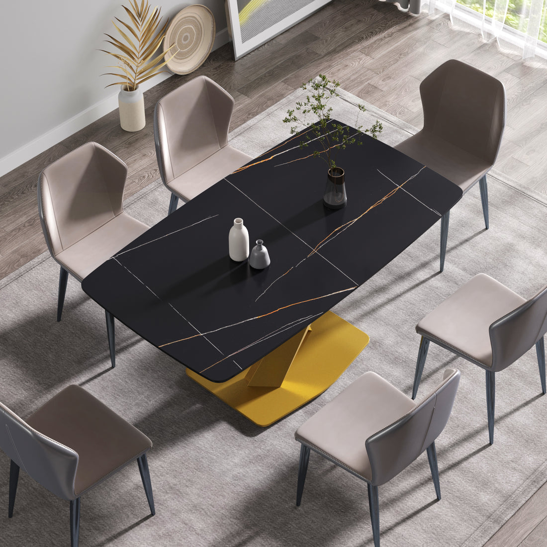 63"Modern Artificial Stone Black Curved Golden Metal Leg Dining Table 6 People Black Metal Sintered Stone