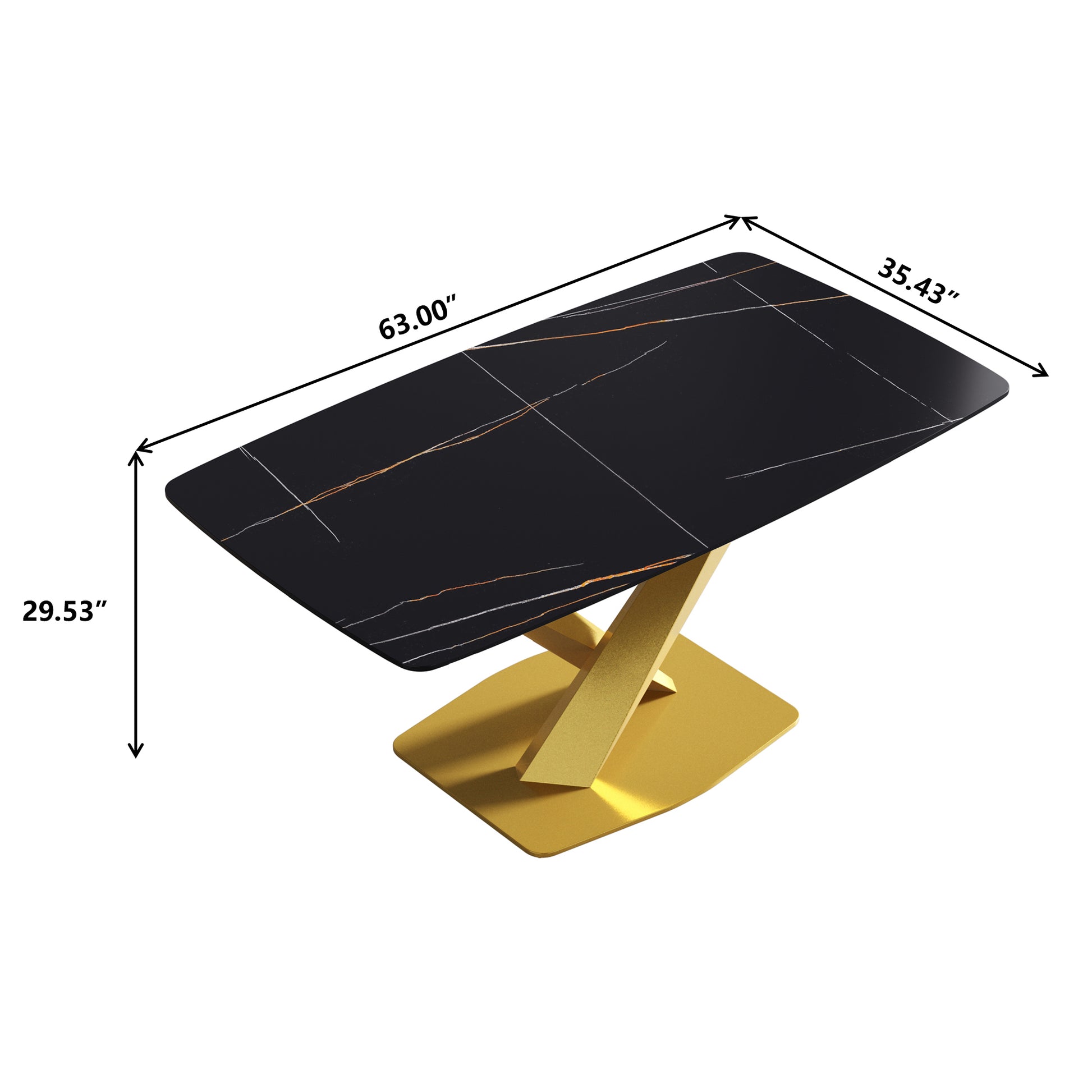 63"Modern Artificial Stone Black Curved Golden Metal Leg Dining Table 6 People Black Metal Sintered Stone