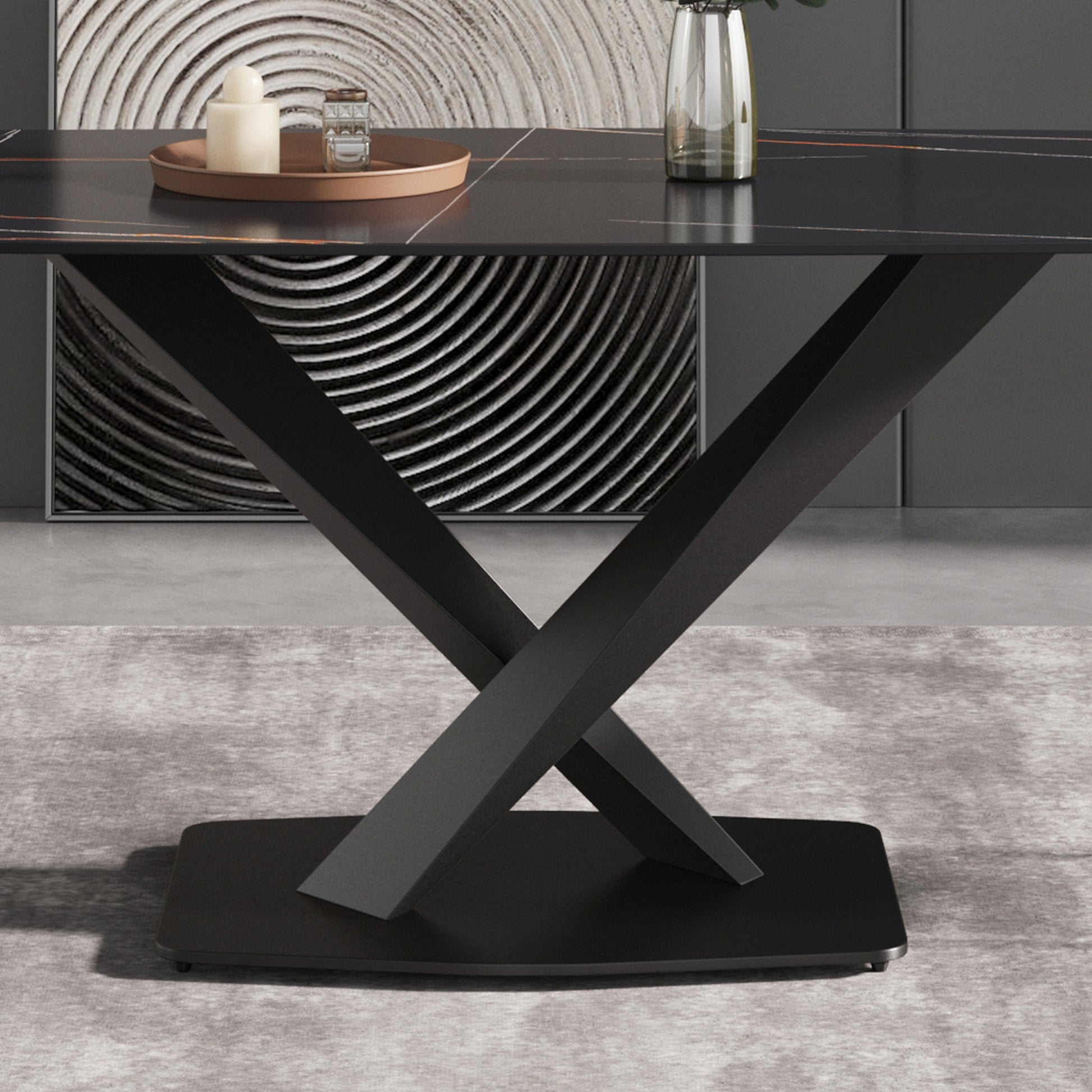 63"Modern Artificial Stone Black Curved Black Metal Leg Dining Table 6 People Black Metal Sintered Stone