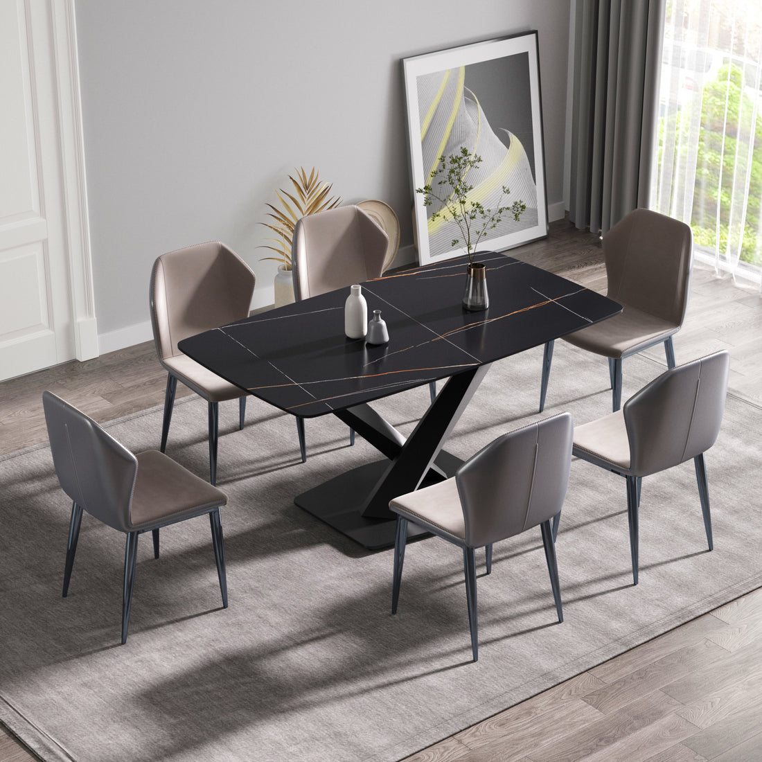 63"Modern Artificial Stone Black Curved Black Metal Leg Dining Table 6 People Black Metal Sintered Stone