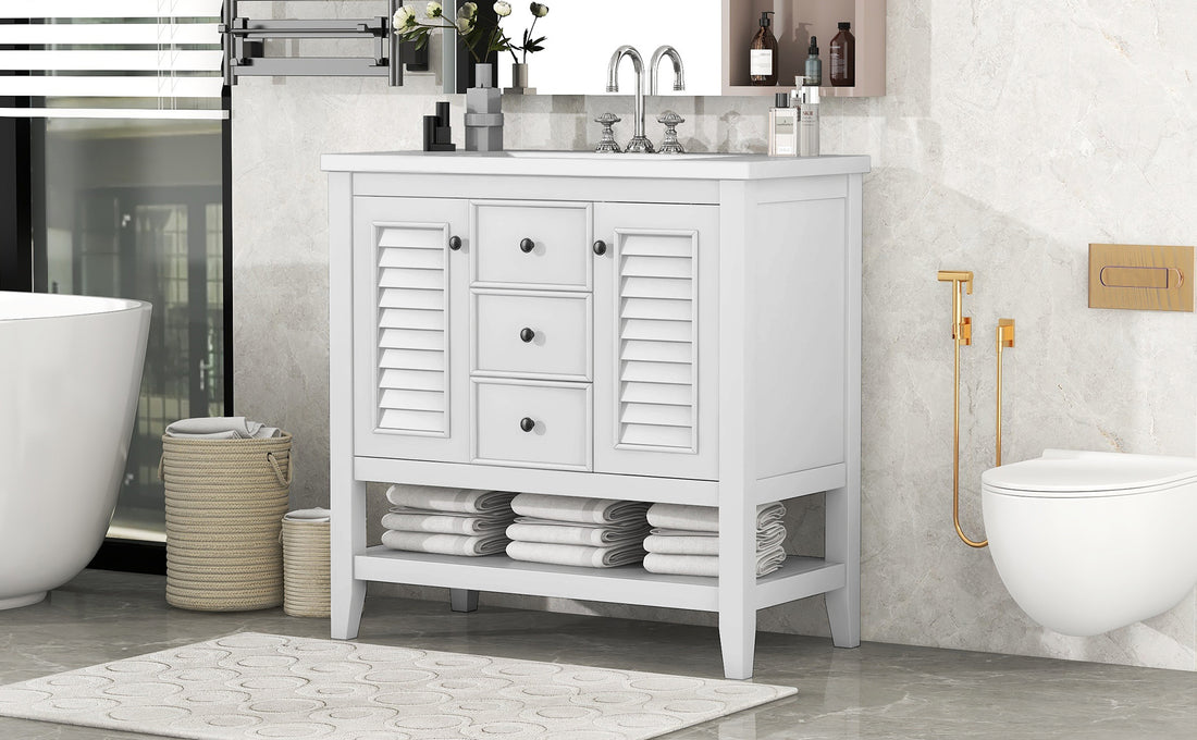 36" Bathroom Vanity With Ceramic Basin, Two Cabinets And Drawers, Open Shelf, Solid Wood Frame, White Old Sku: Sy999101Aak White Solid Wood Mdf