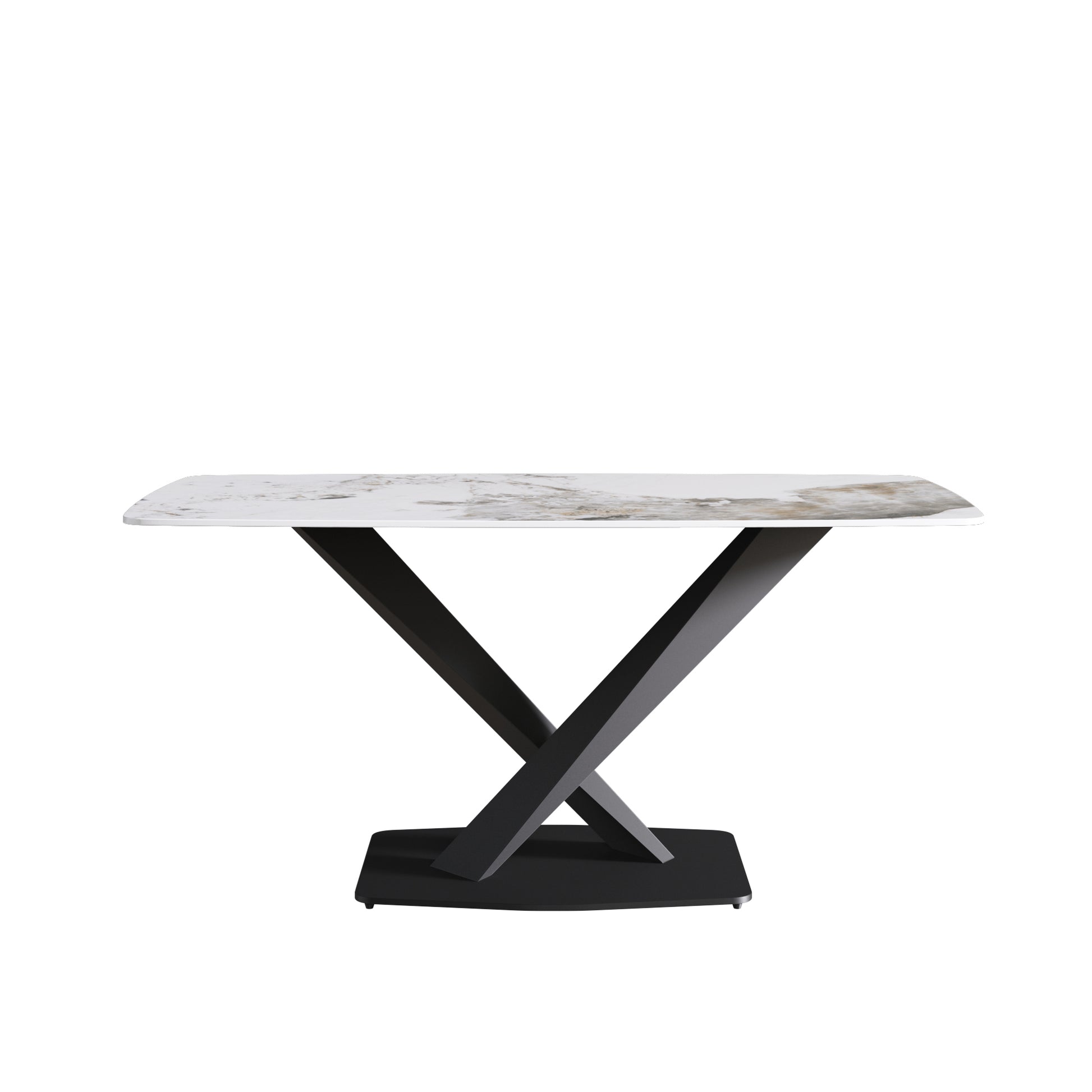 63"Modern Artificial Stone Pandora White Curved Black Metal Leg Dining Table 6 People Antique White Metal Sintered Stone