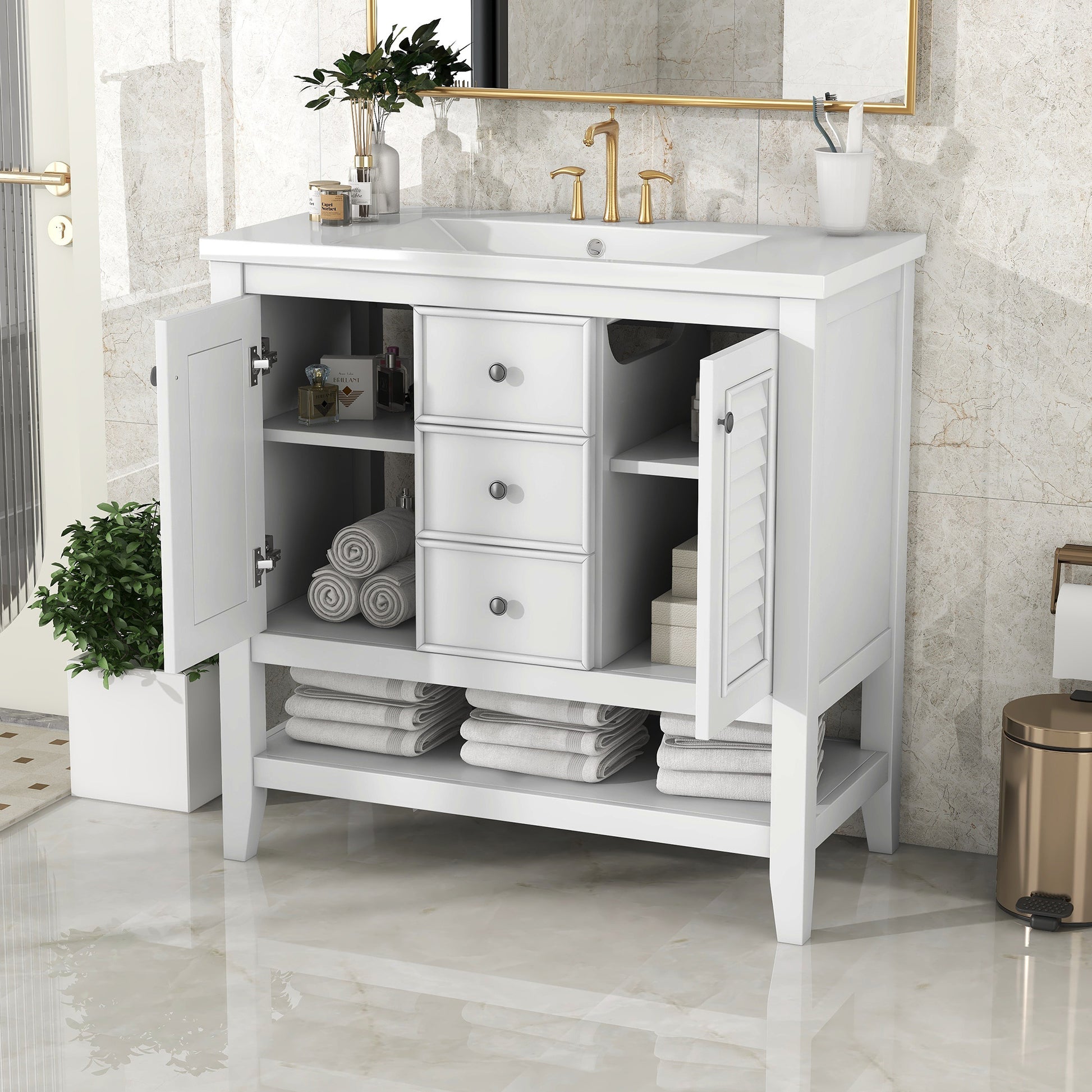 36" Bathroom Vanity With Ceramic Basin, Two Cabinets And Drawers, Open Shelf, Solid Wood Frame, White Old Sku: Sy999101Aak White Solid Wood Mdf