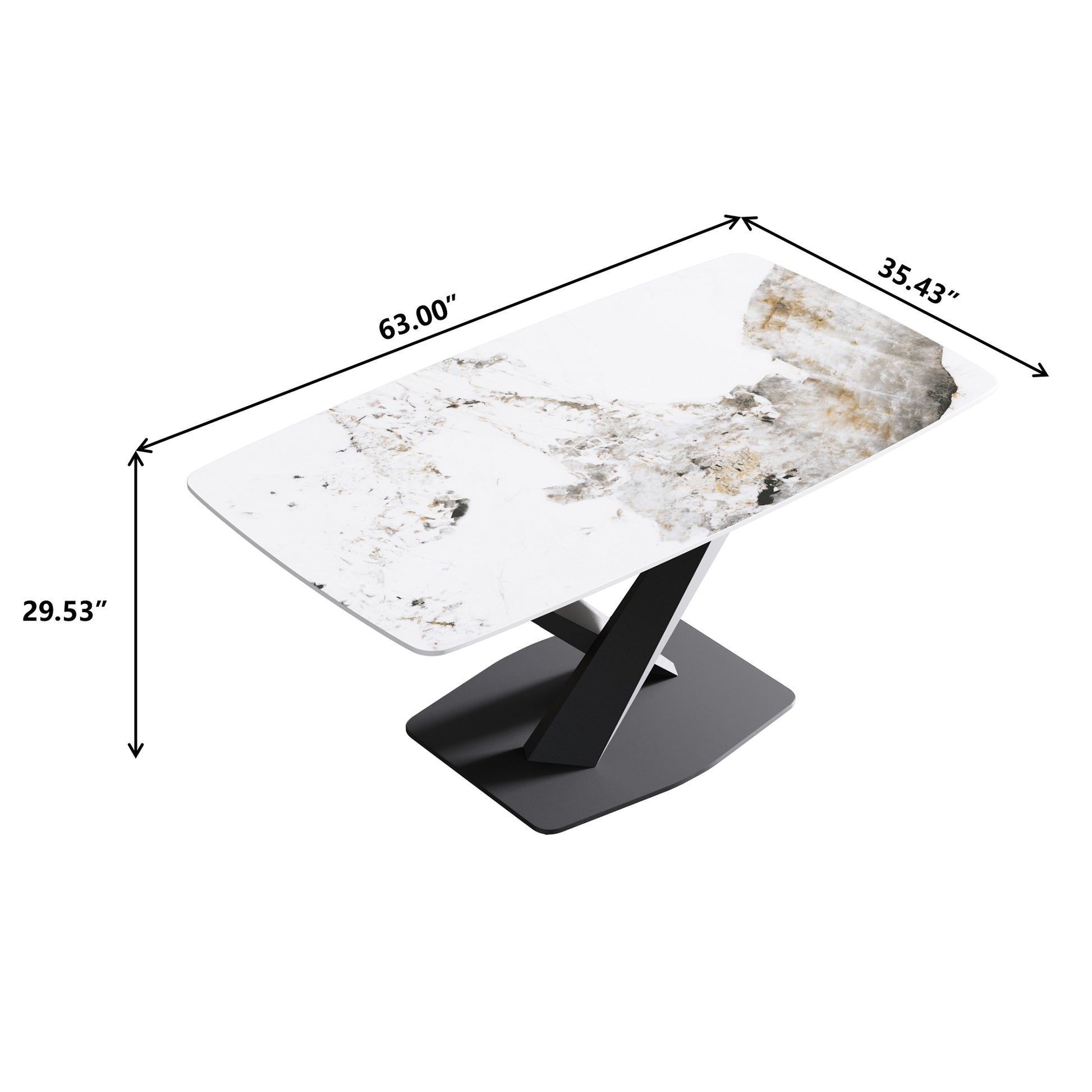 63"Modern Artificial Stone Pandora White Curved Black Metal Leg Dining Table 6 People Antique White Metal Sintered Stone