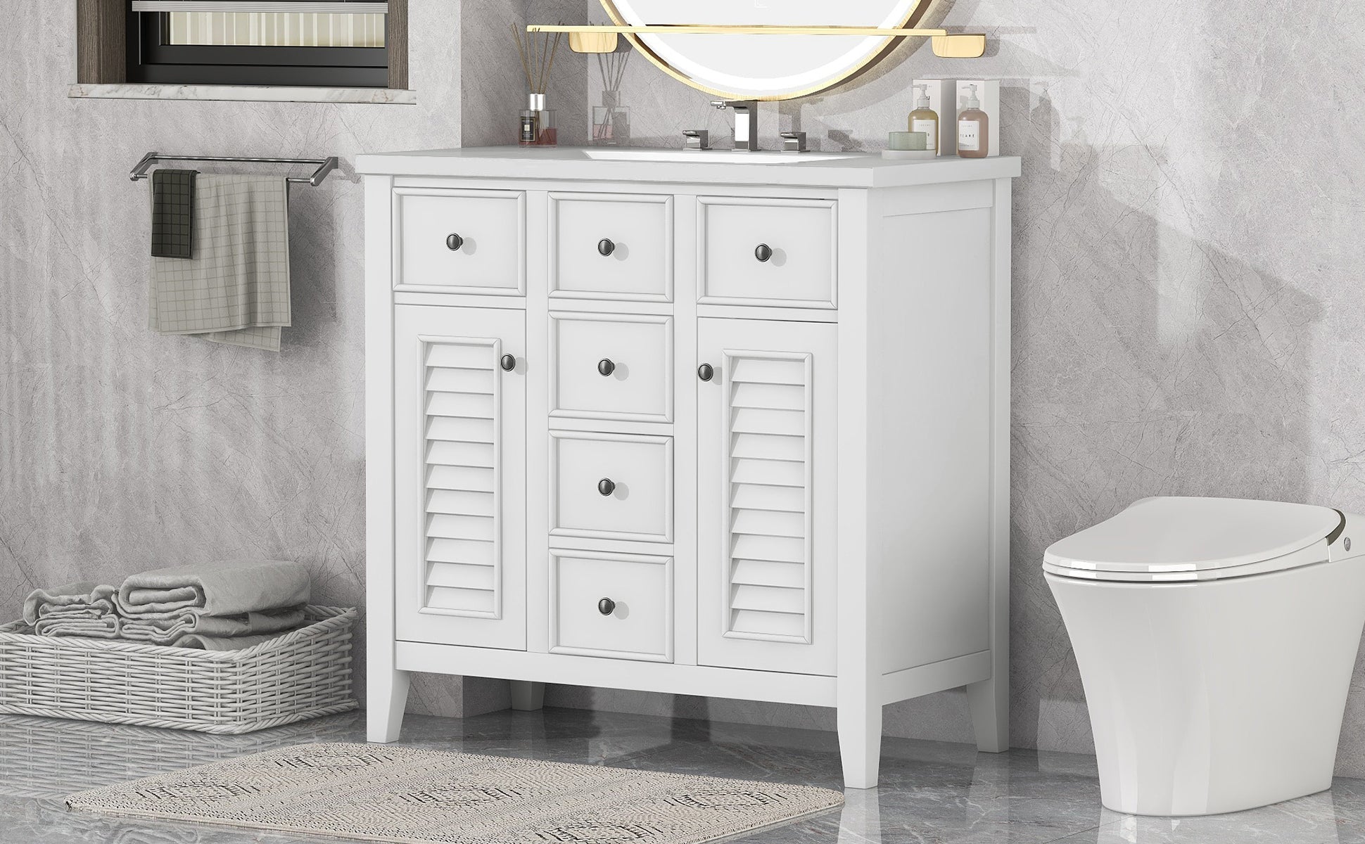 36" Bathroom Vanity With Ceramic Basin, Two Cabinets And Five Drawers, Solid Wood Frame, White Old Sku: Sy999202Aak 1 White Solid Wood Mdf