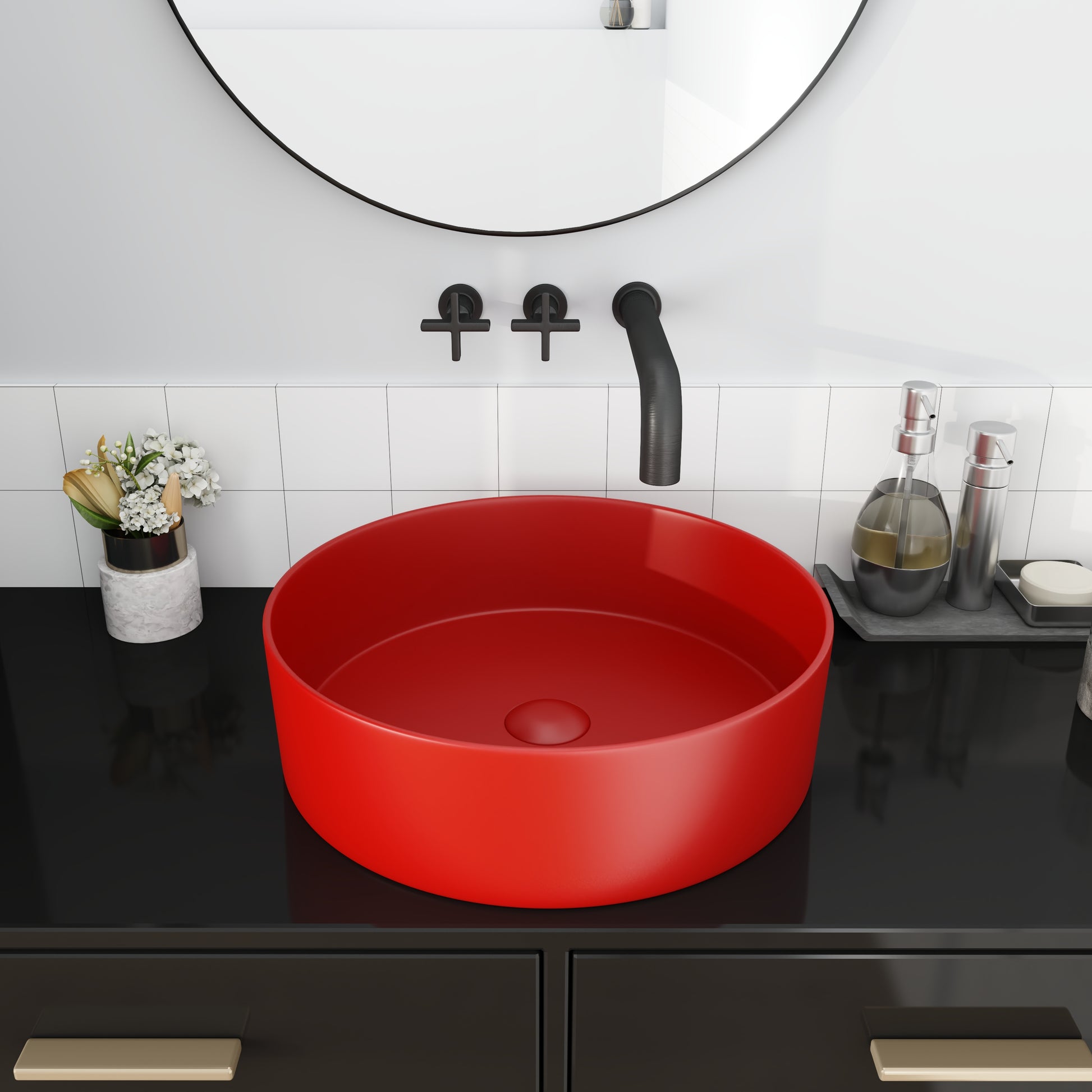 Ceramic Circular Vessel Bathroom Sink Art Sink Red Ceramic